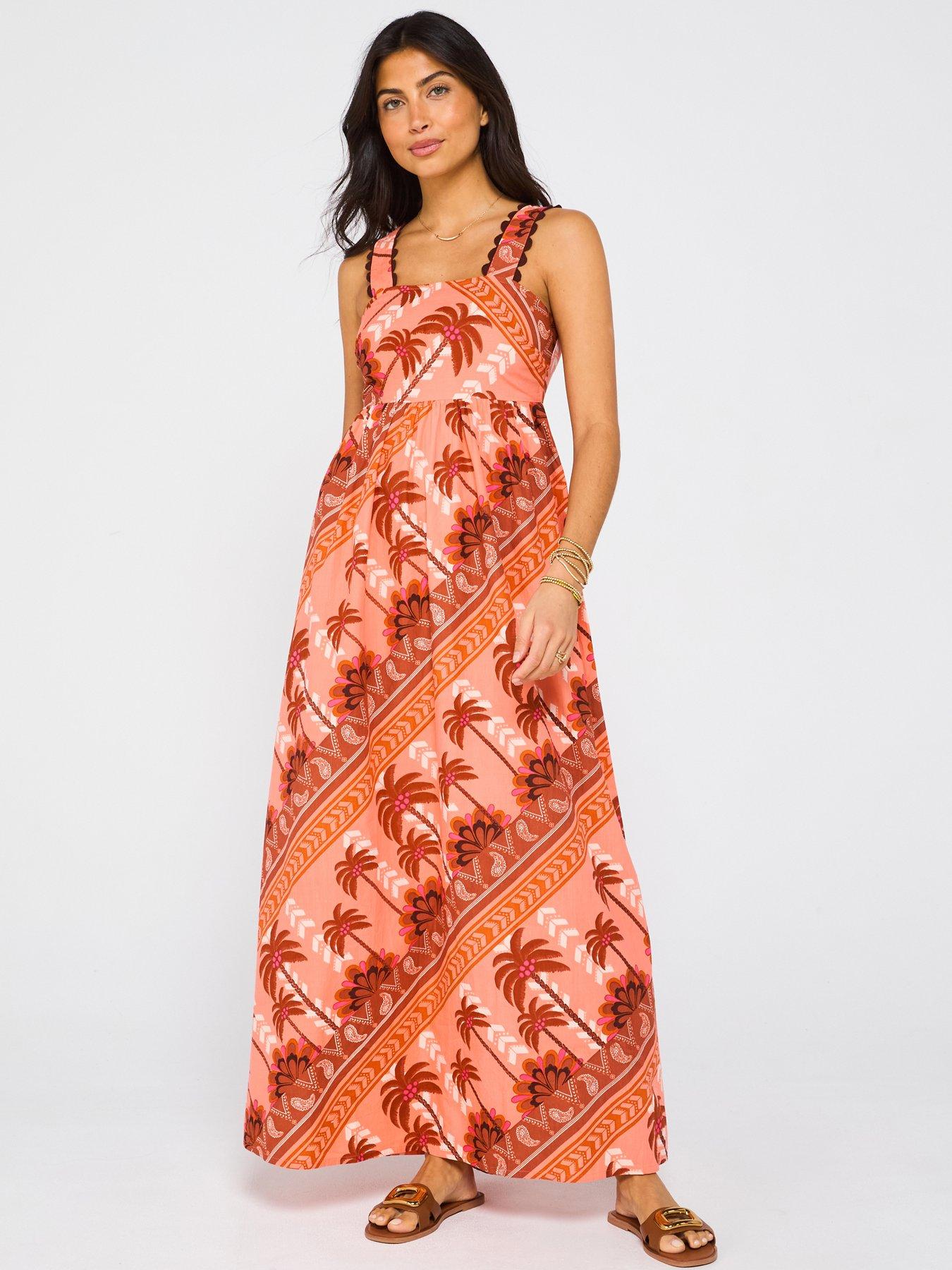 undefined Palm Print Square Neck Maxi Dress