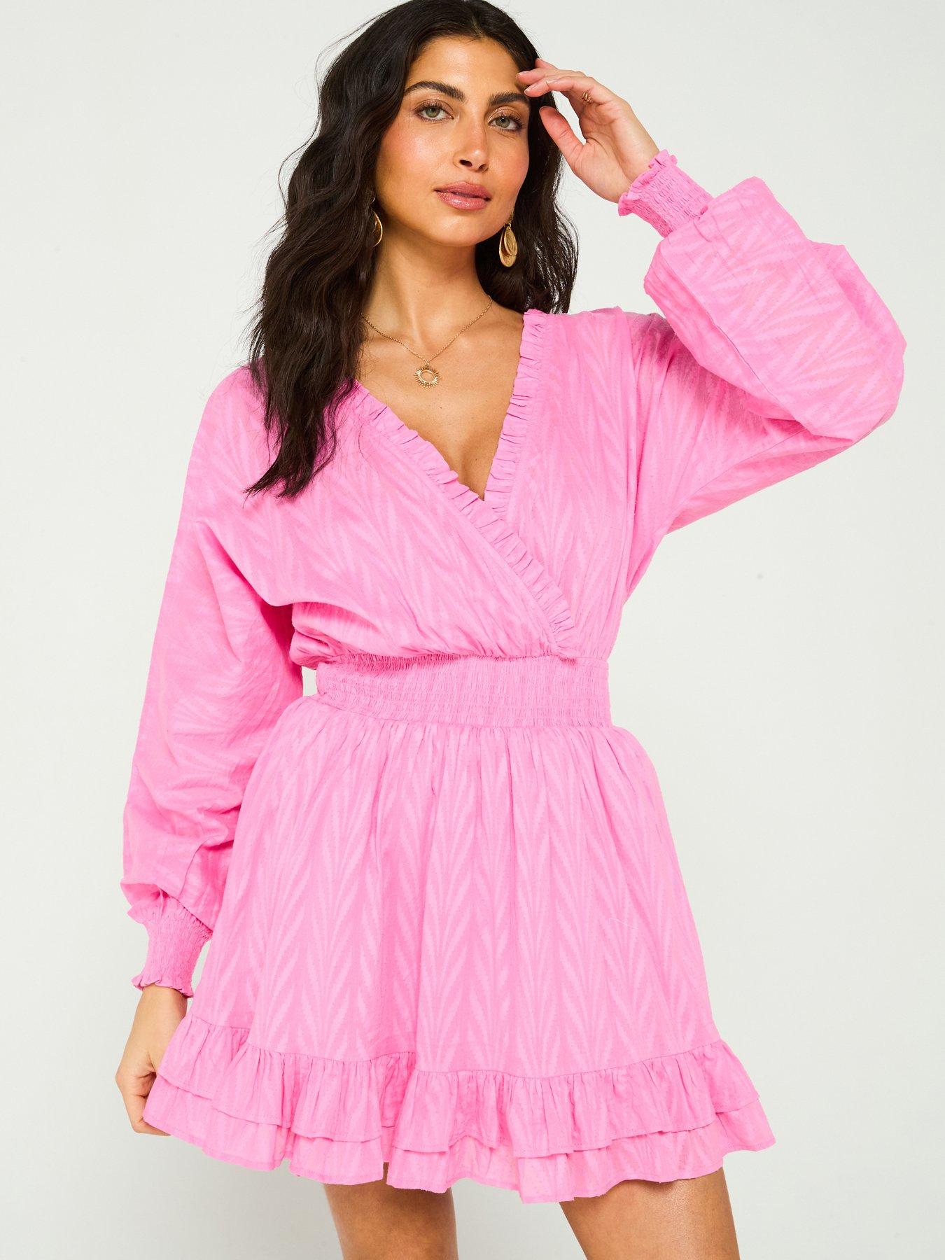 Image 1 of 6 of V by Very Wrap Textured Beach Dress - Pink
