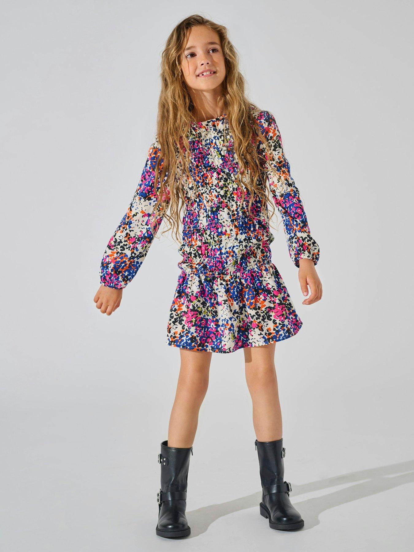 undefined Girls Long Sleeve Floral Smock Dress - Cloud Dancer