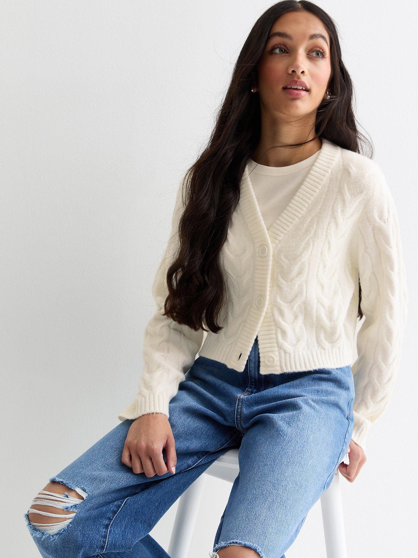 Girls White Cable Knit Button Up Cardigan