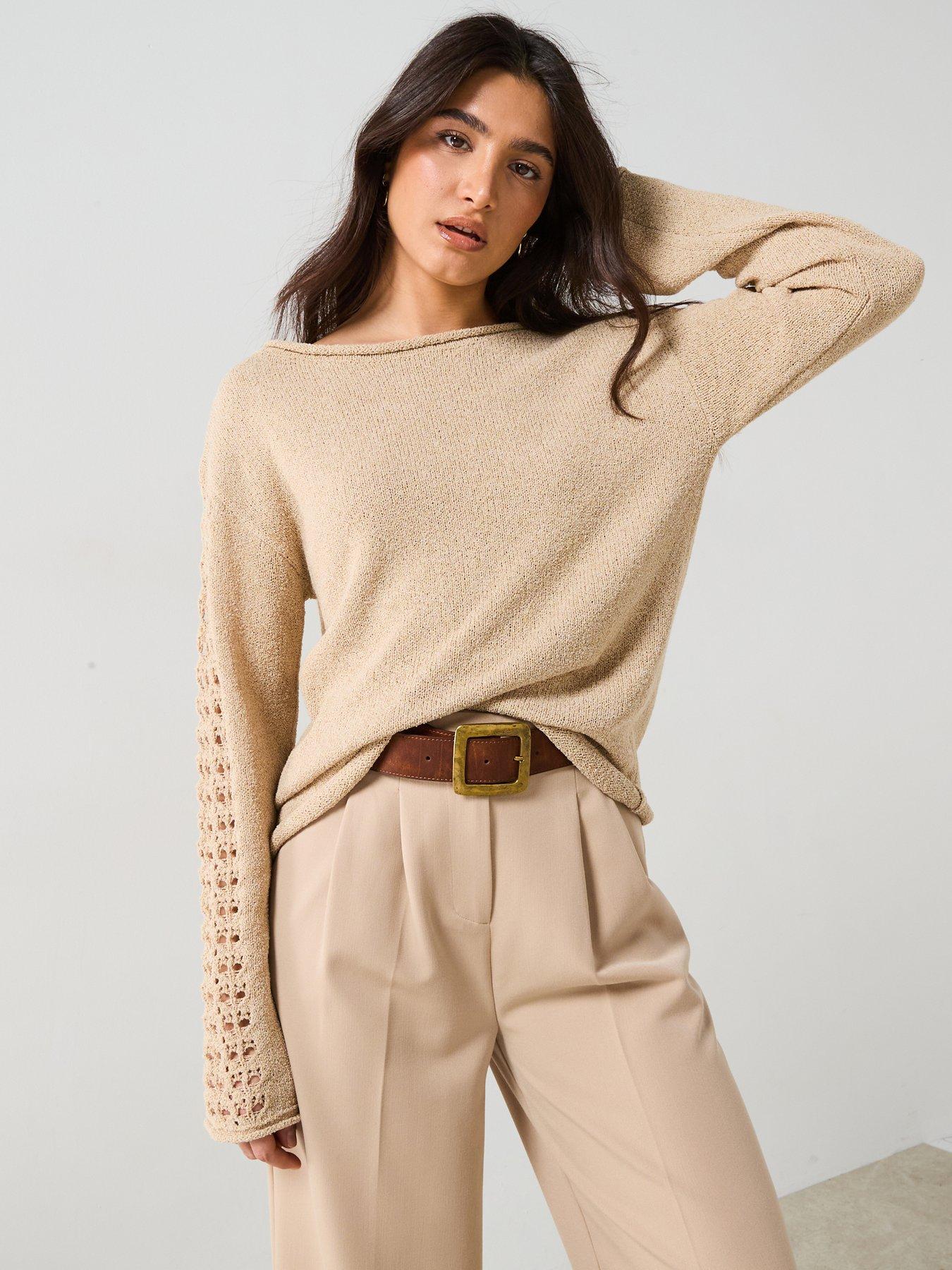 undefined Wide Neck Sleeve Detail Textured Slub Jumper - Beige