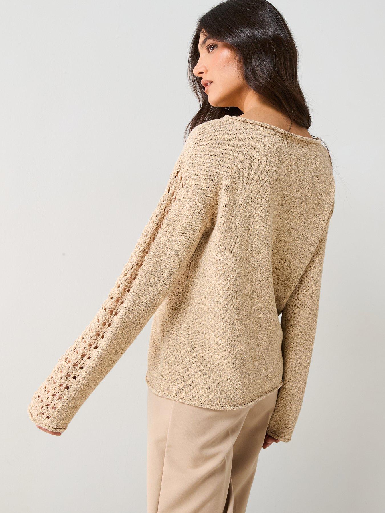 Image 2 of 6 of V by Very Wide Neck Sleeve Detail Textured Slub Jumper - Beige