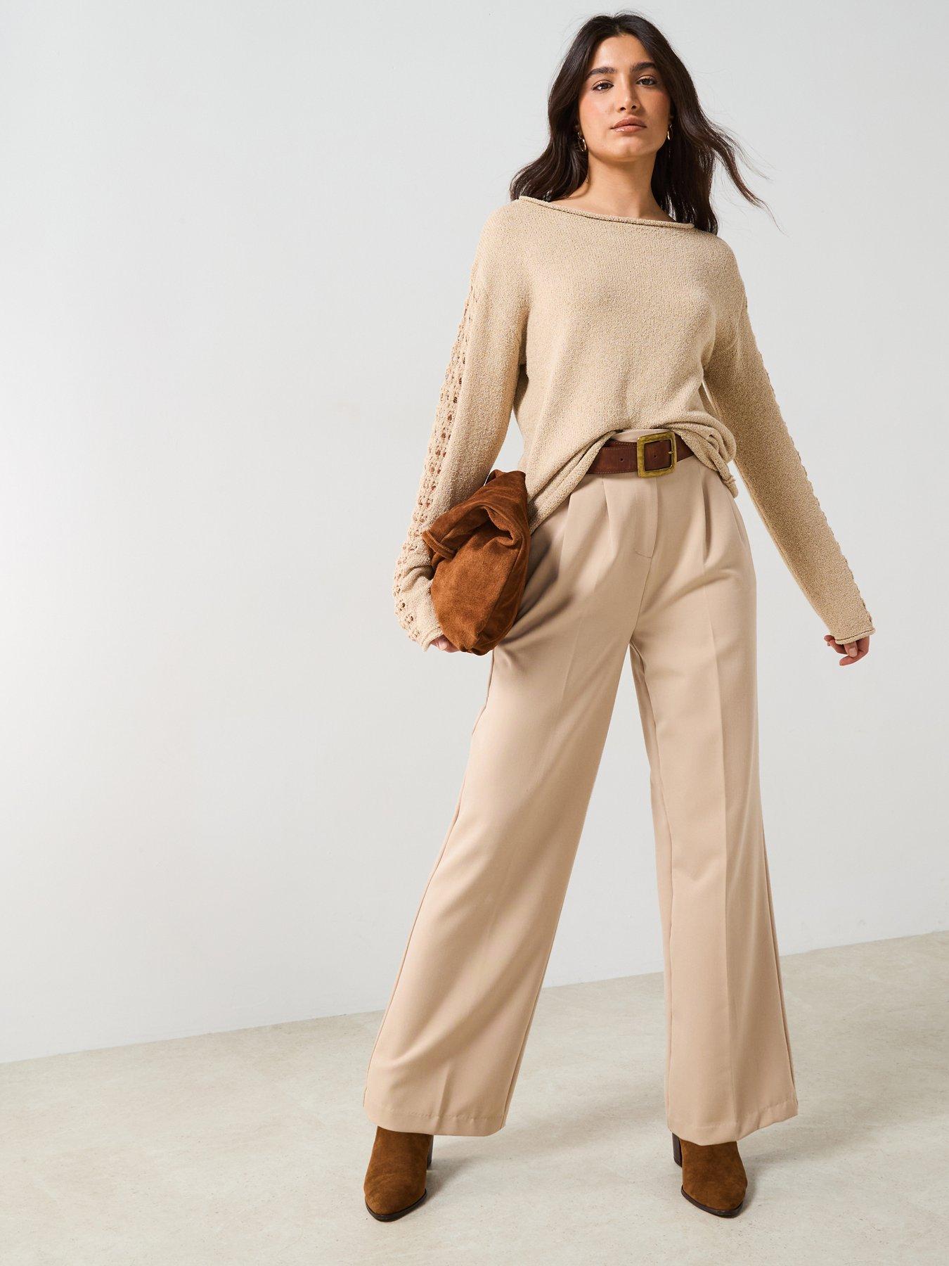 Image 3 of 6 of V by Very Wide Neck Sleeve Detail Textured Slub Jumper - Beige