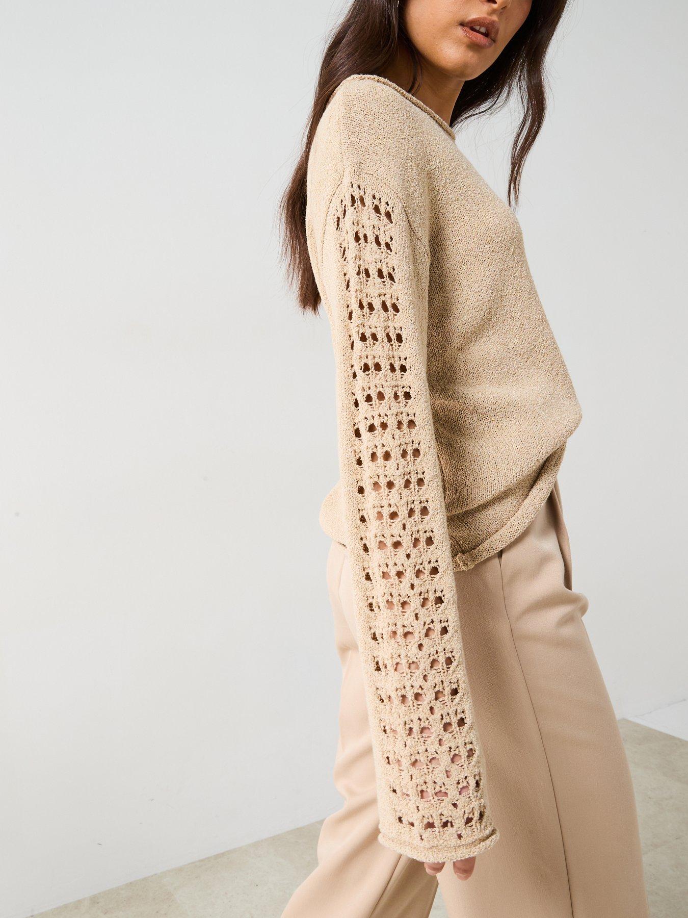 Image 4 of 6 of V by Very Wide Neck Sleeve Detail Textured Slub Jumper - Beige