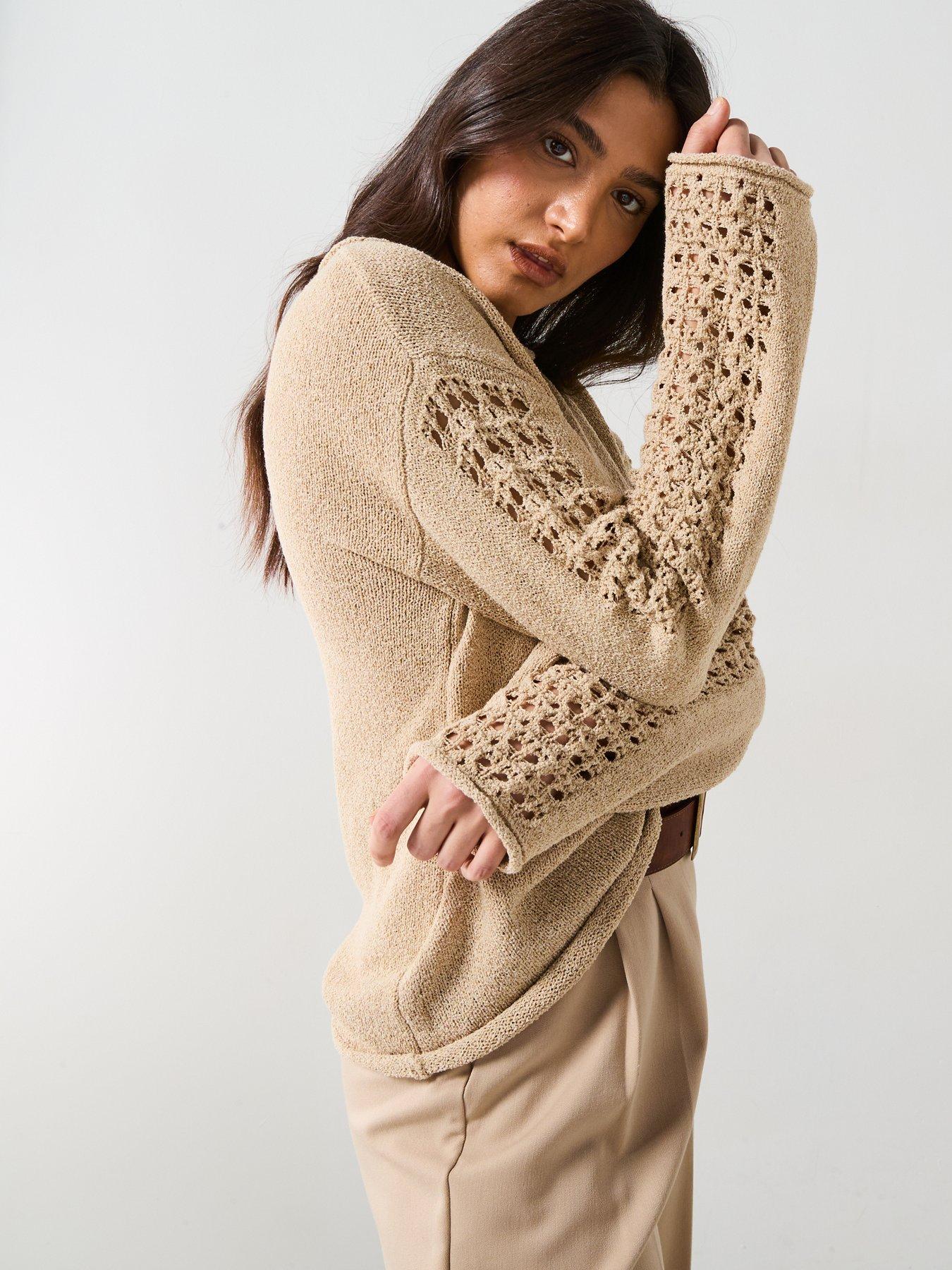 Image 5 of 6 of V by Very Wide Neck Sleeve Detail Textured Slub Jumper - Beige