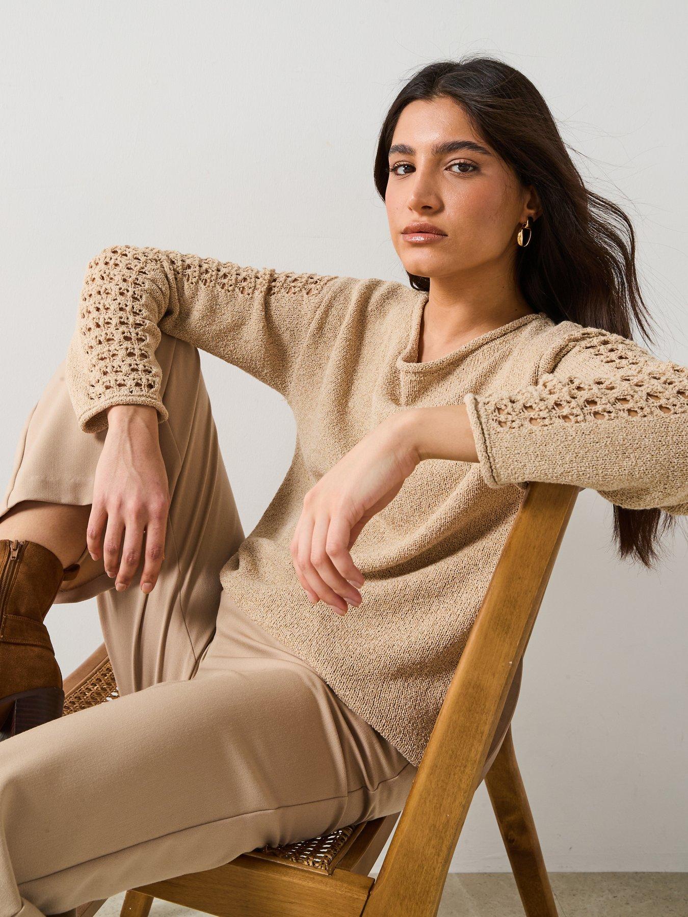 Image 6 of 6 of V by Very Wide Neck Sleeve Detail Textured Slub Jumper - Beige