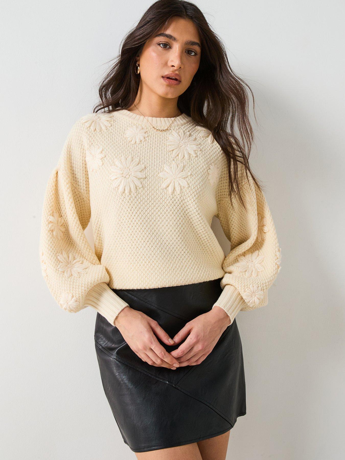 undefined Embroidered Flower Puff Sleeve Jumper - Cream