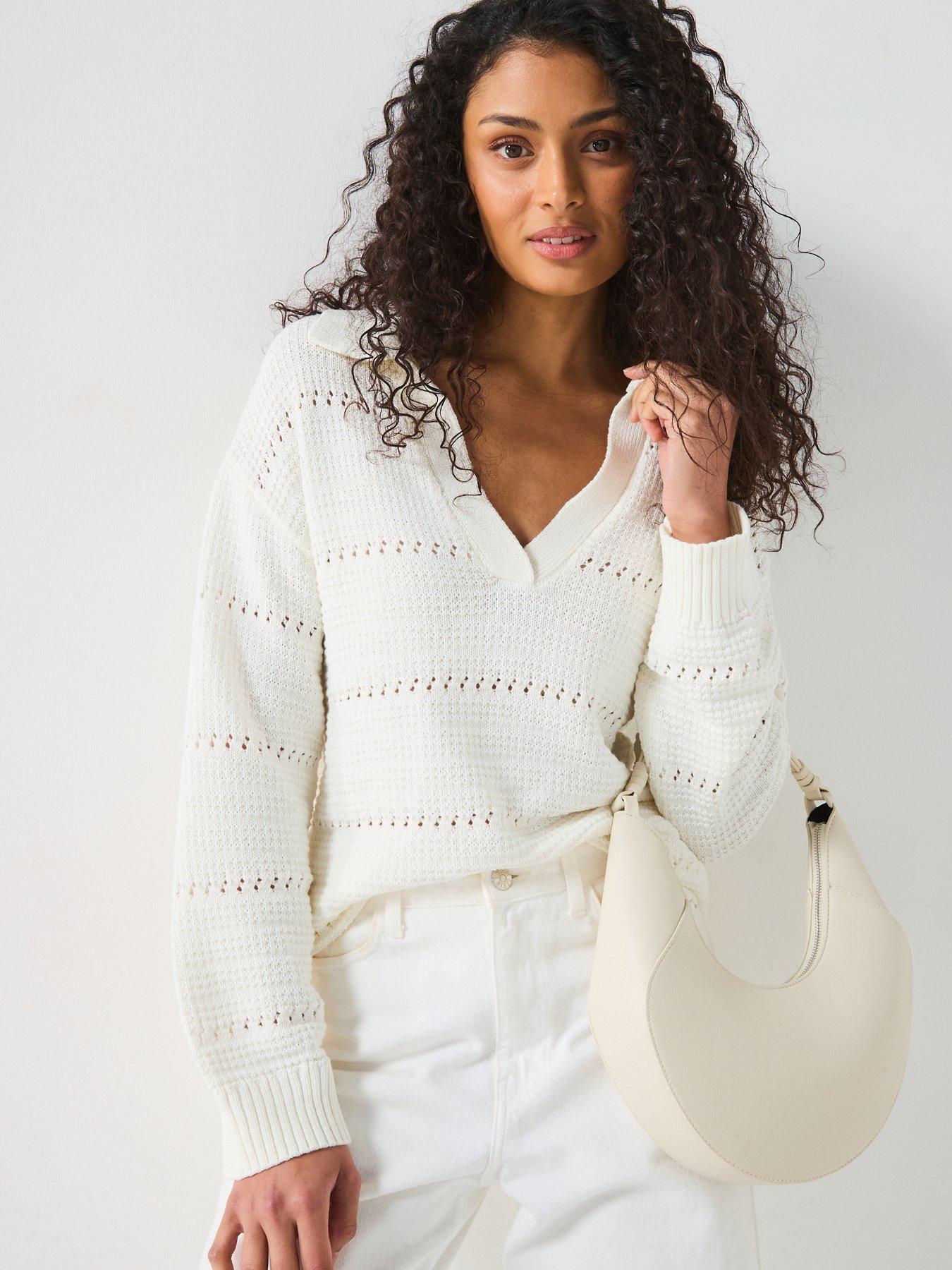 undefined Cotton Rich Collared Neck Open Stitch Longline Jumper - Cream