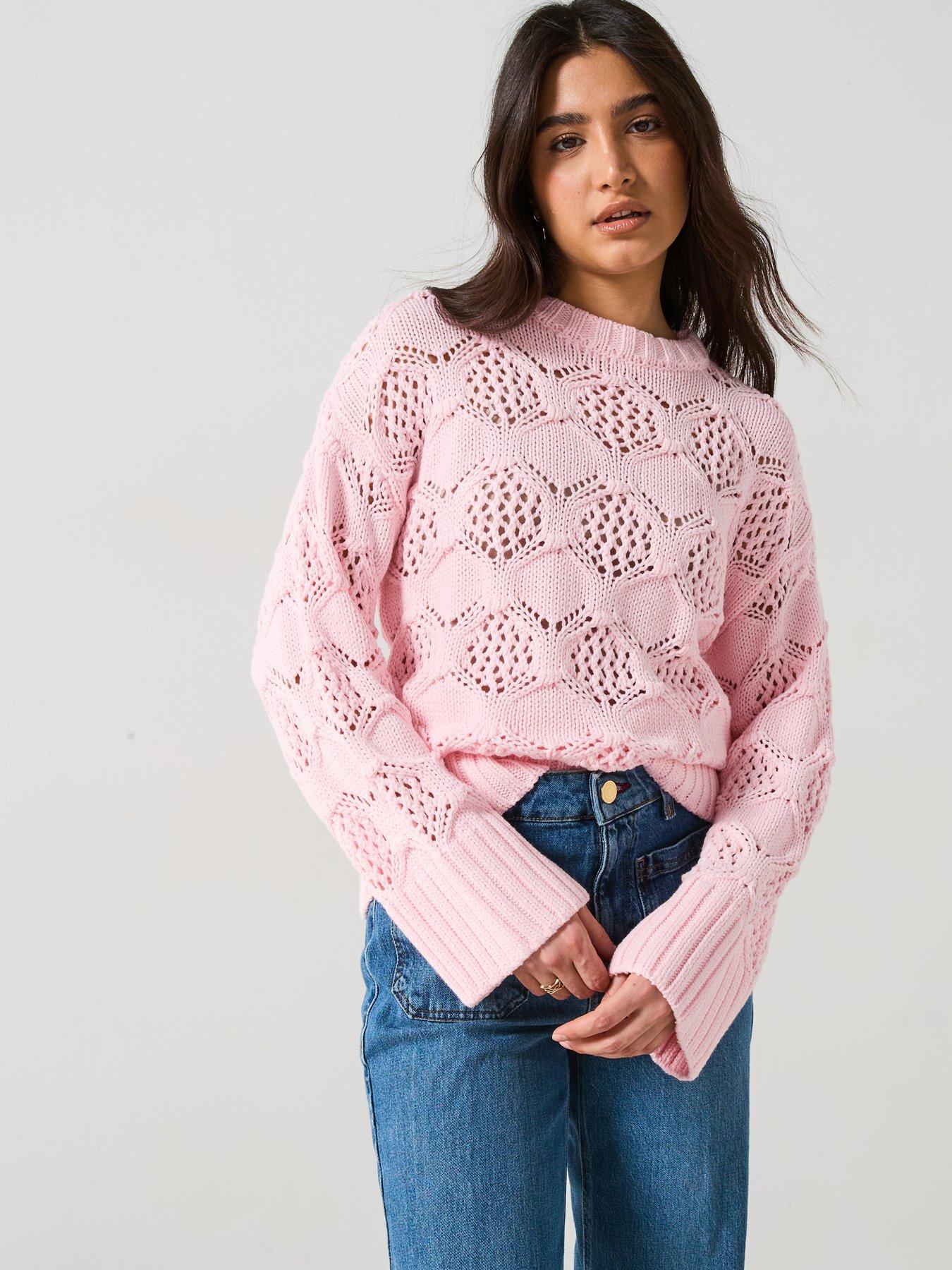 undefined Cotton Rich Open Stitch Crew Neck Jumper - Pink