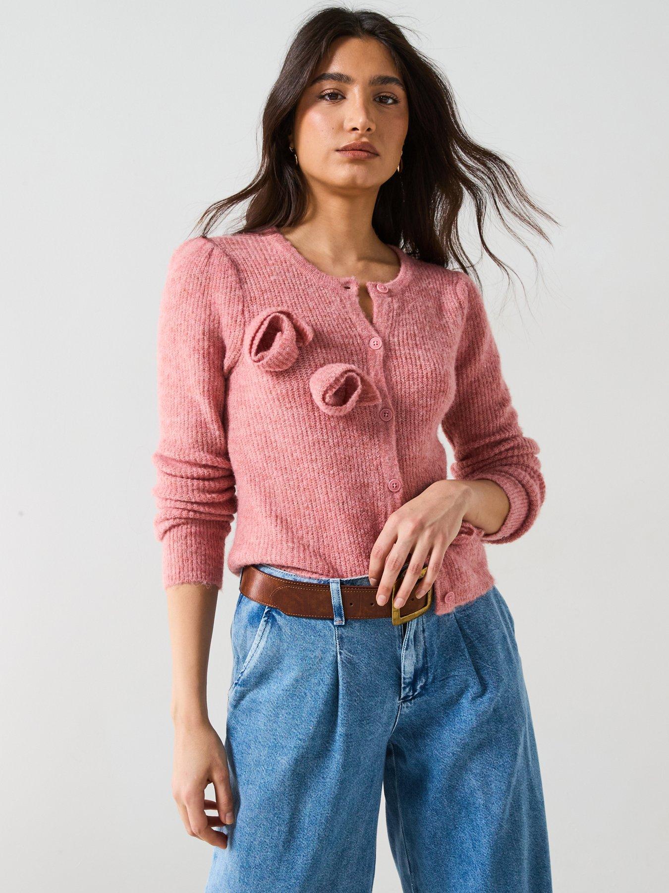 Image 1 of 5 of V by Very Flower Applique Crew Neck Cardigan with Wool - Pink
