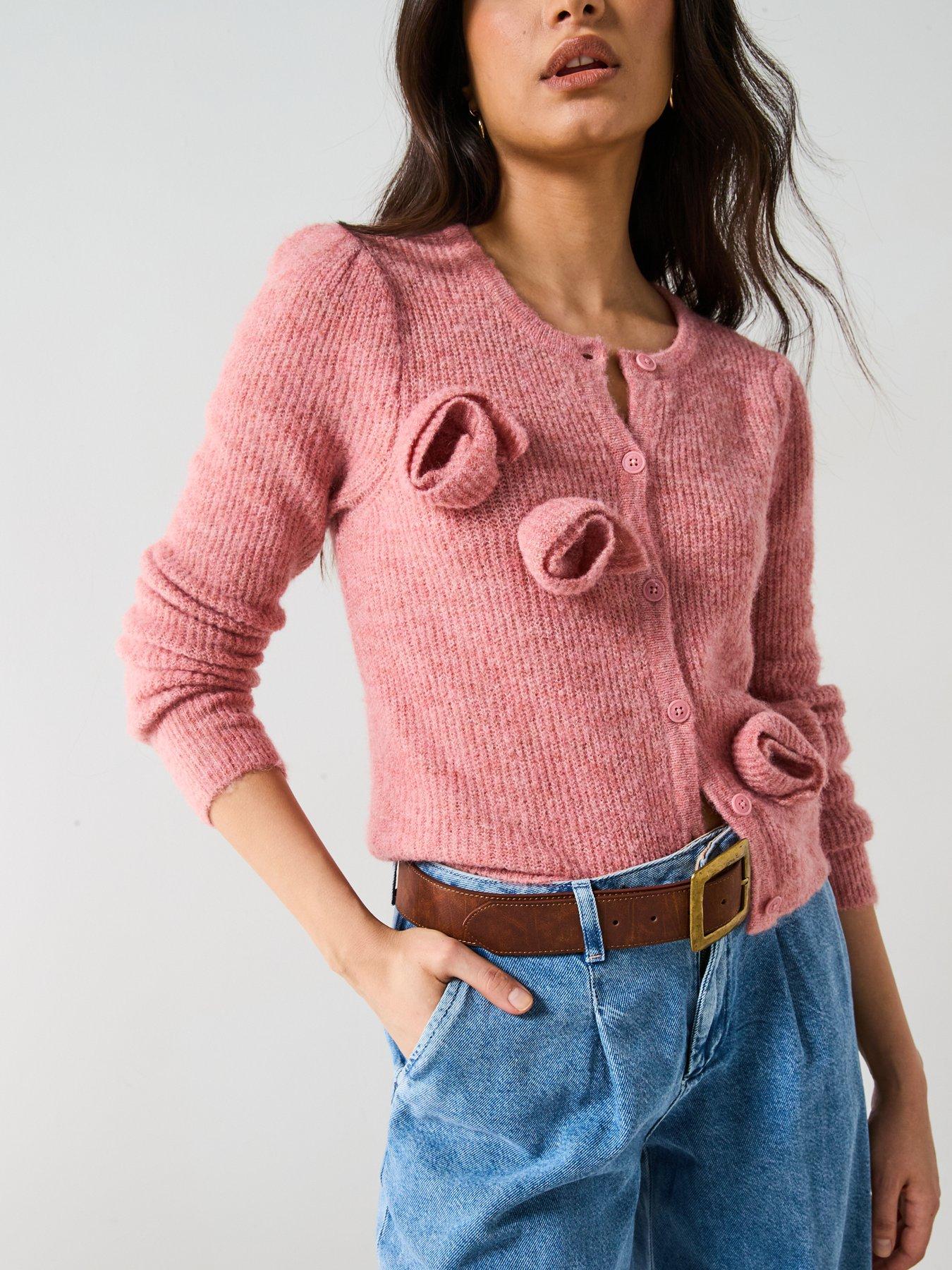 Image 4 of 5 of V by Very Flower Applique Crew Neck Cardigan with Wool - Pink