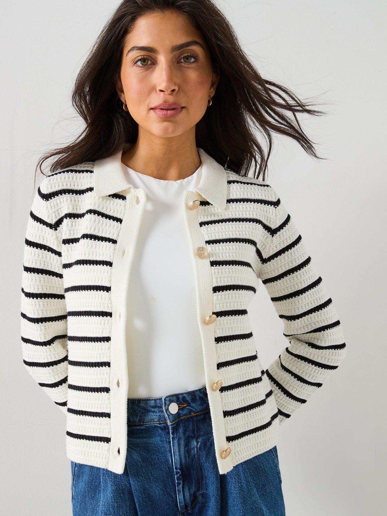 undefined Cotton Rich Textured Collared Striped Cardigan - Mono