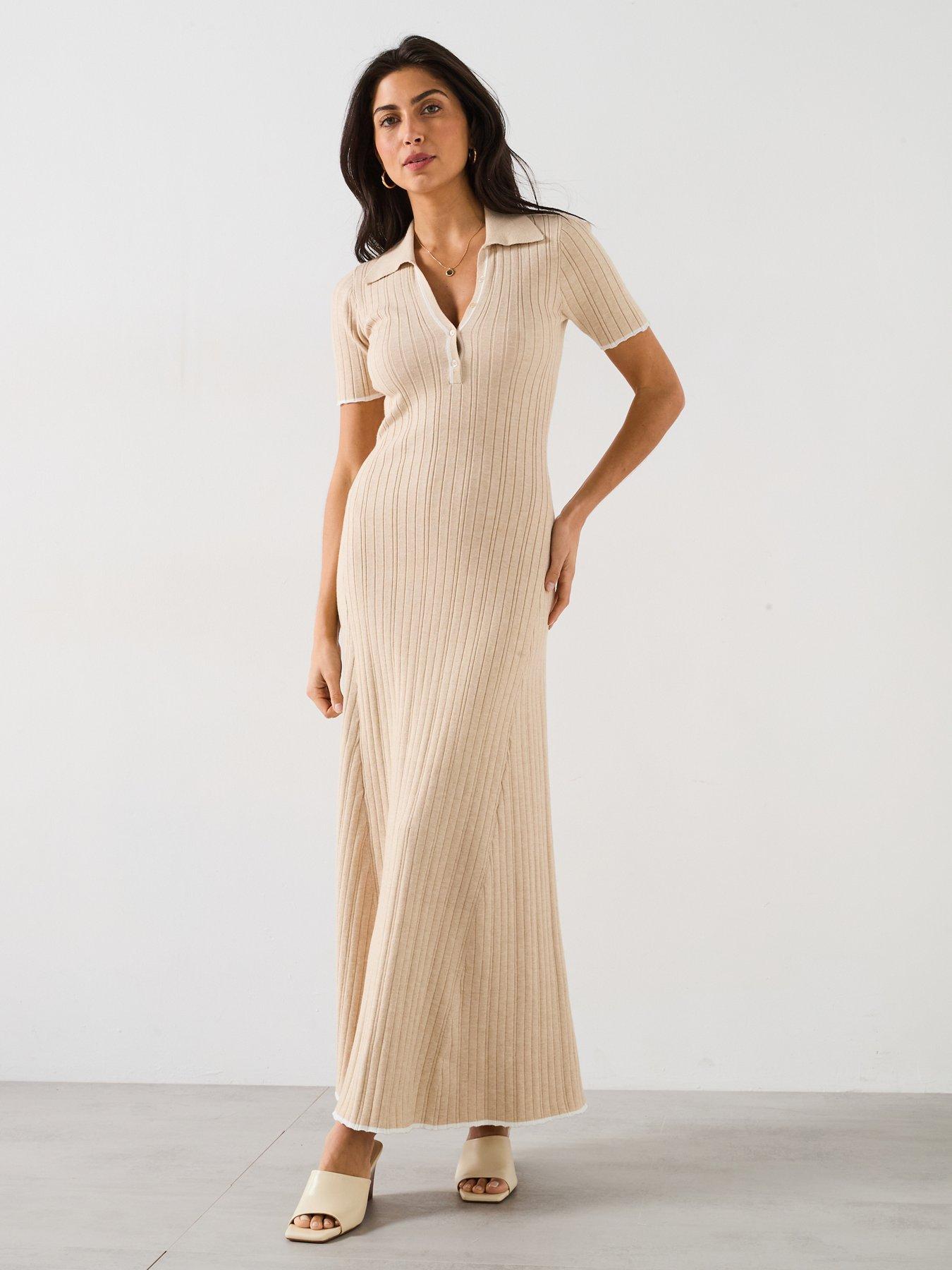 V by Very Short Sleeve Collared Button Down Midaxi Dress Natural