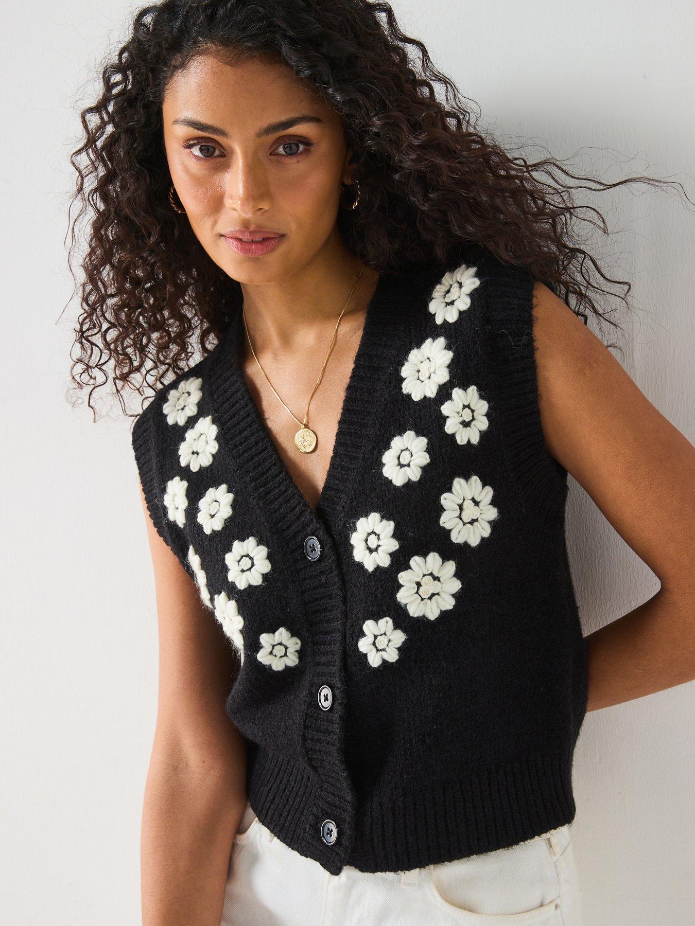 Image 1 of 6 of V by Very Embroidered Flower Button Through Short Vest - Black
