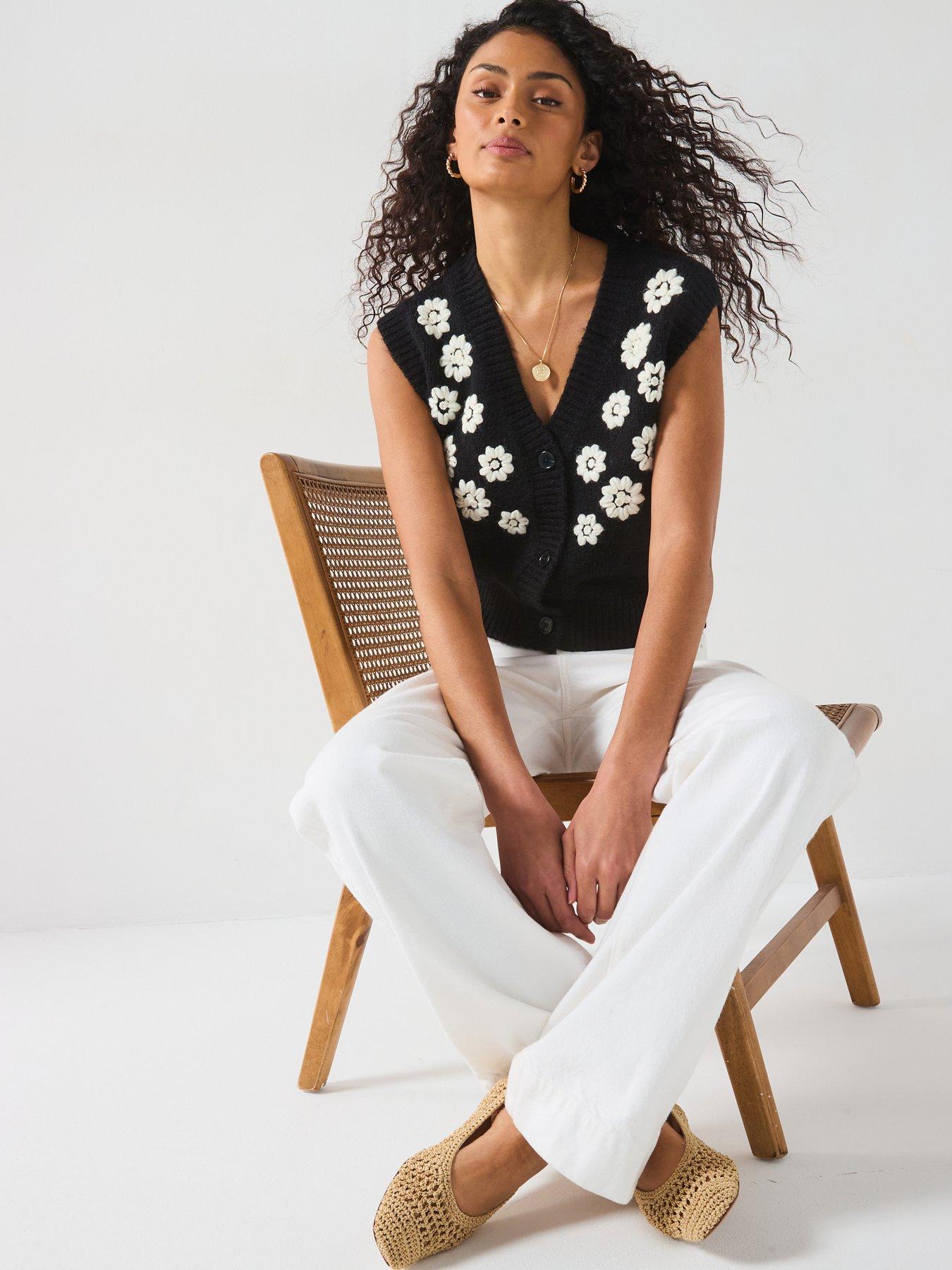 Image 4 of 6 of V by Very Embroidered Flower Button Through Short Vest - Black