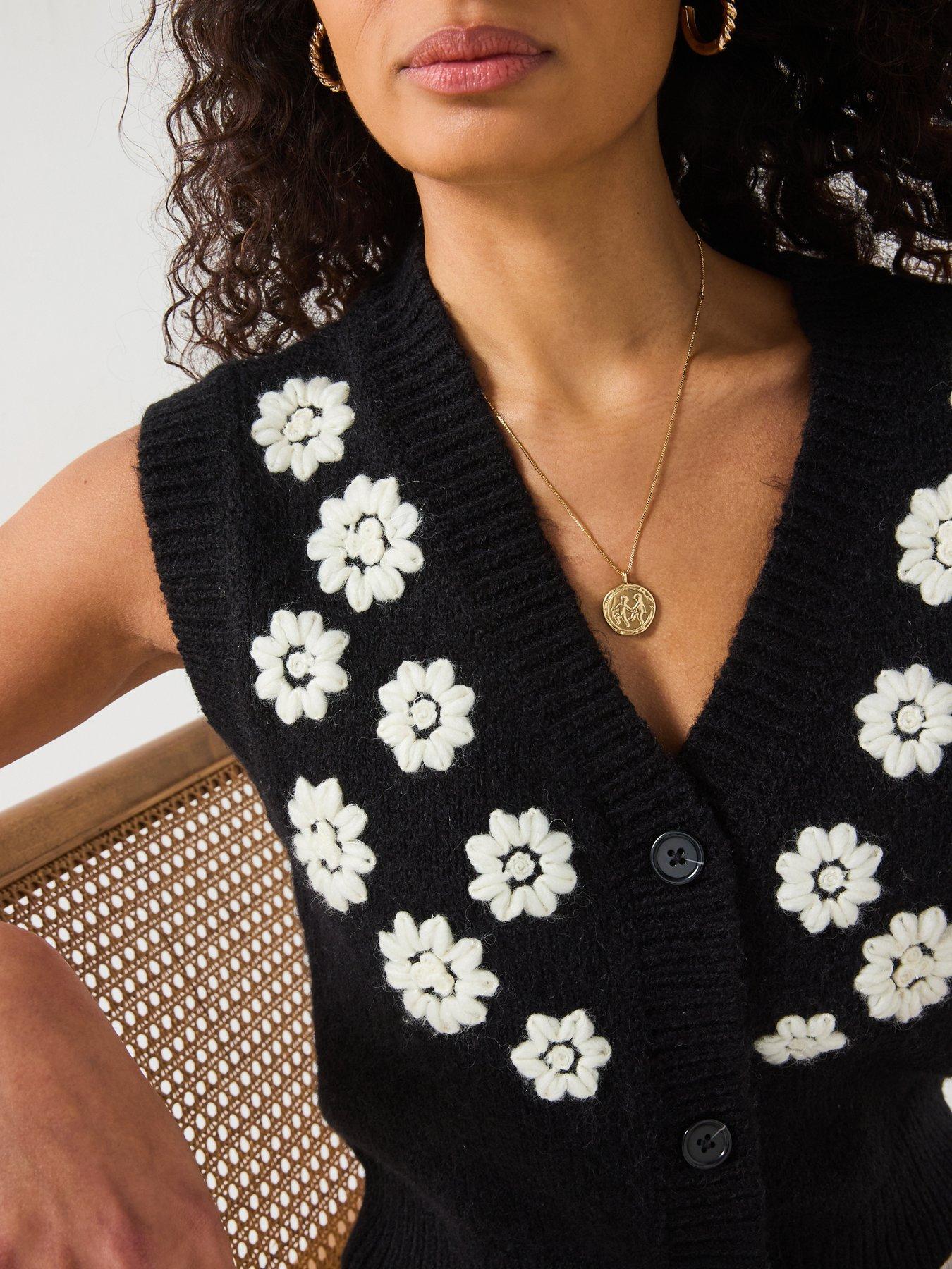 Image 5 of 6 of V by Very Embroidered Flower Button Through Short Vest - Black