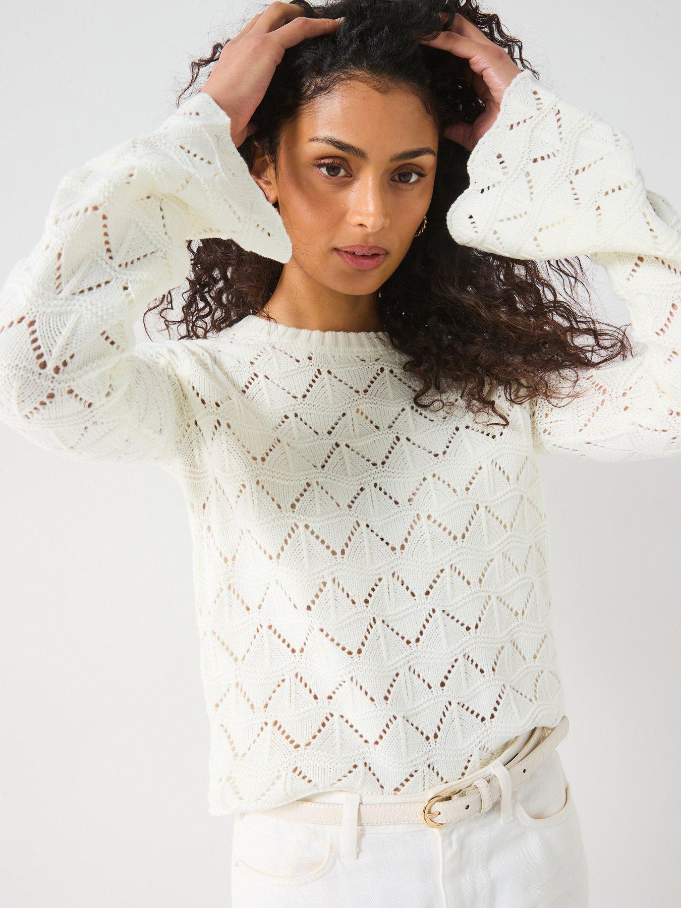 undefined Crew Neck Pointelle Short Jumper - Cream
