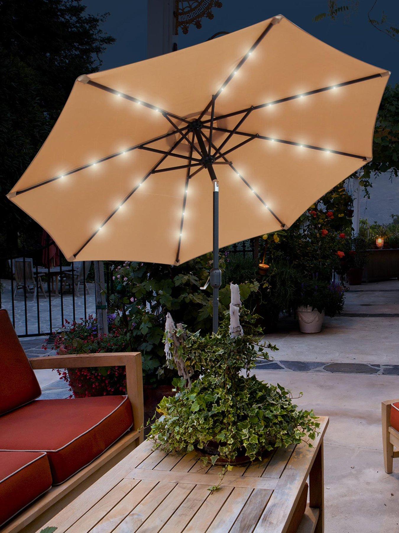 Product photograph of Glamhaus Solar Led Tilting Khaki Sand Garden Parasol Umbrella 2 7m from very.co.uk