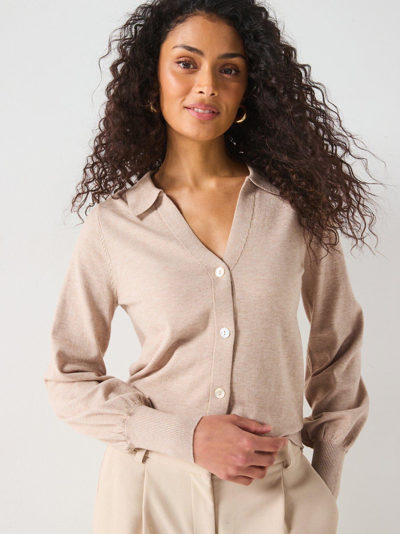 undefined Collared Neck Button Down Cardigan - Natural