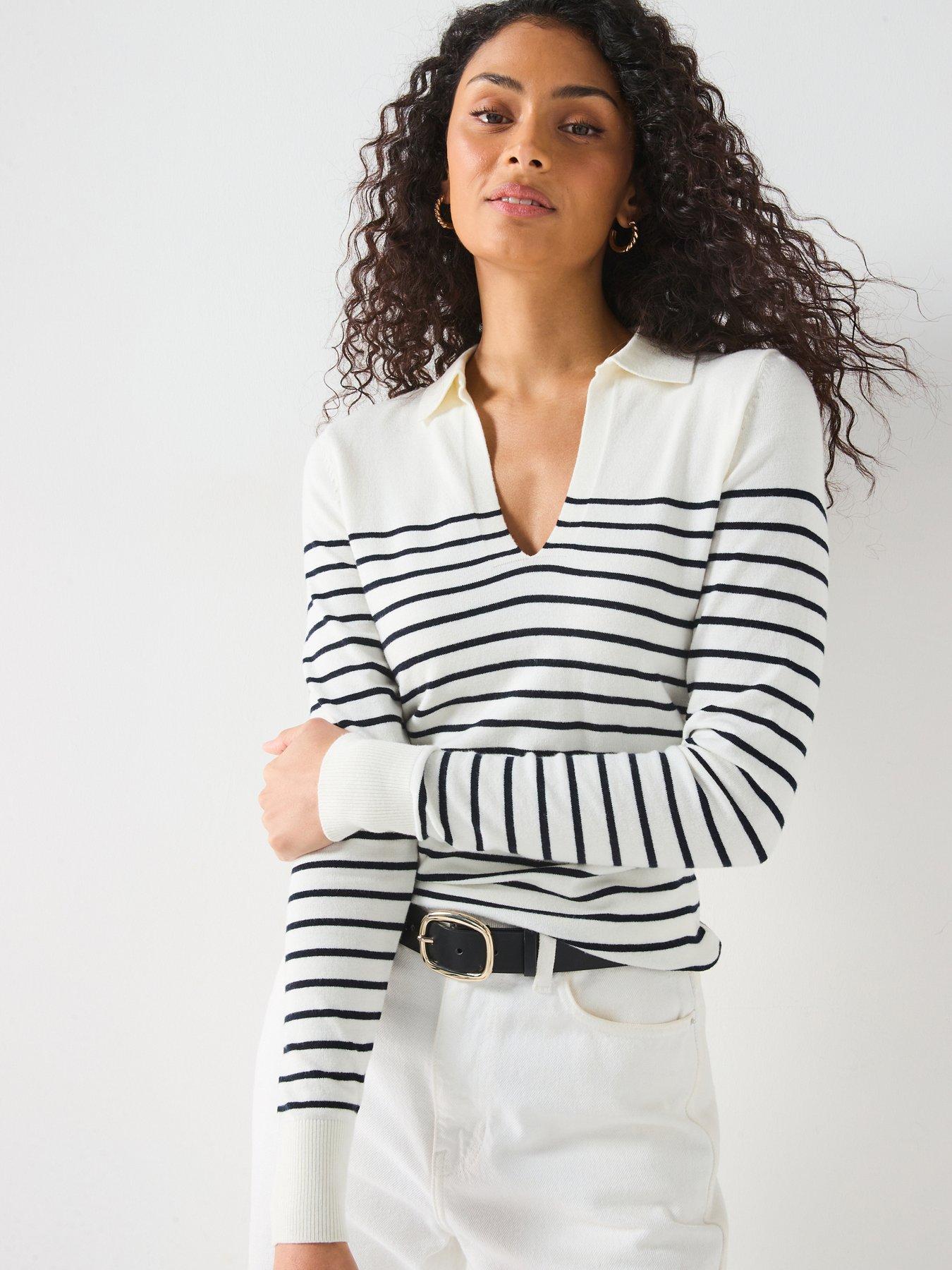 undefined Knitted Collared V Neck Stripe Jumper - Print