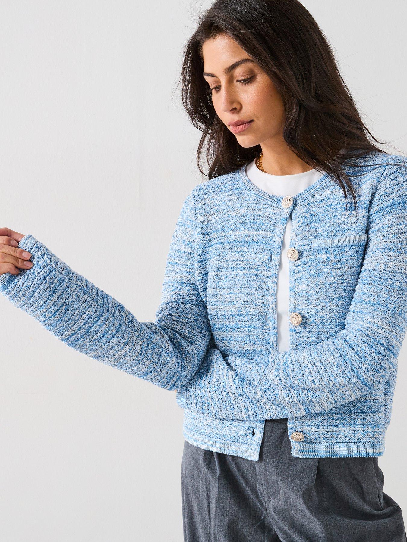undefined Knitted Round Neck Short Jacket - Blue