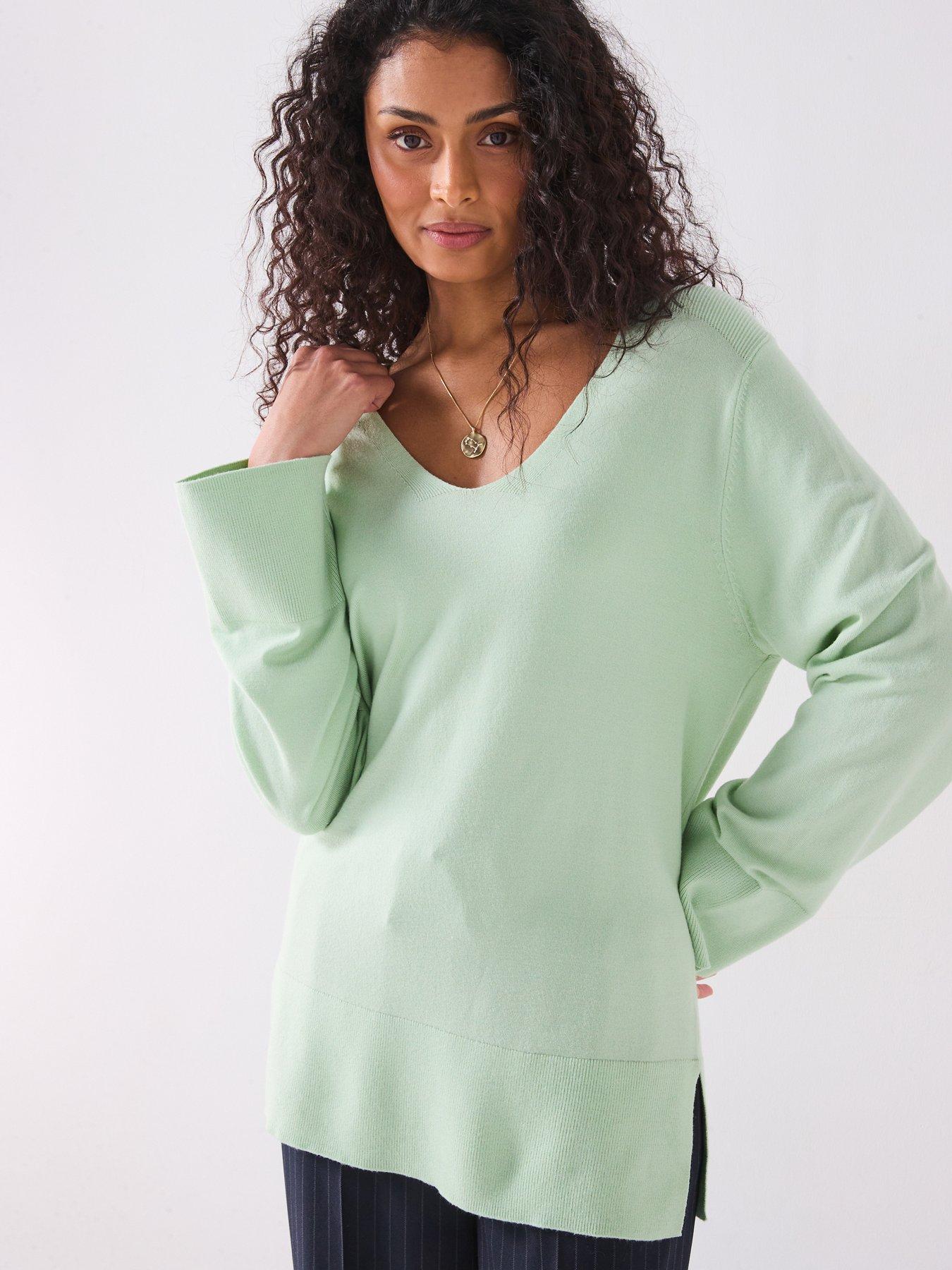 undefined Longline Rib Detail V Neck Jumper - Light Green
