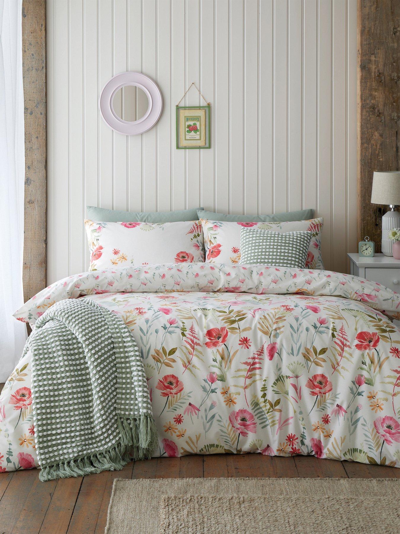 Product photograph of Catherine Lansfield Ella Poppy Reversible Duvet Cover Set - Cream from very.co.uk