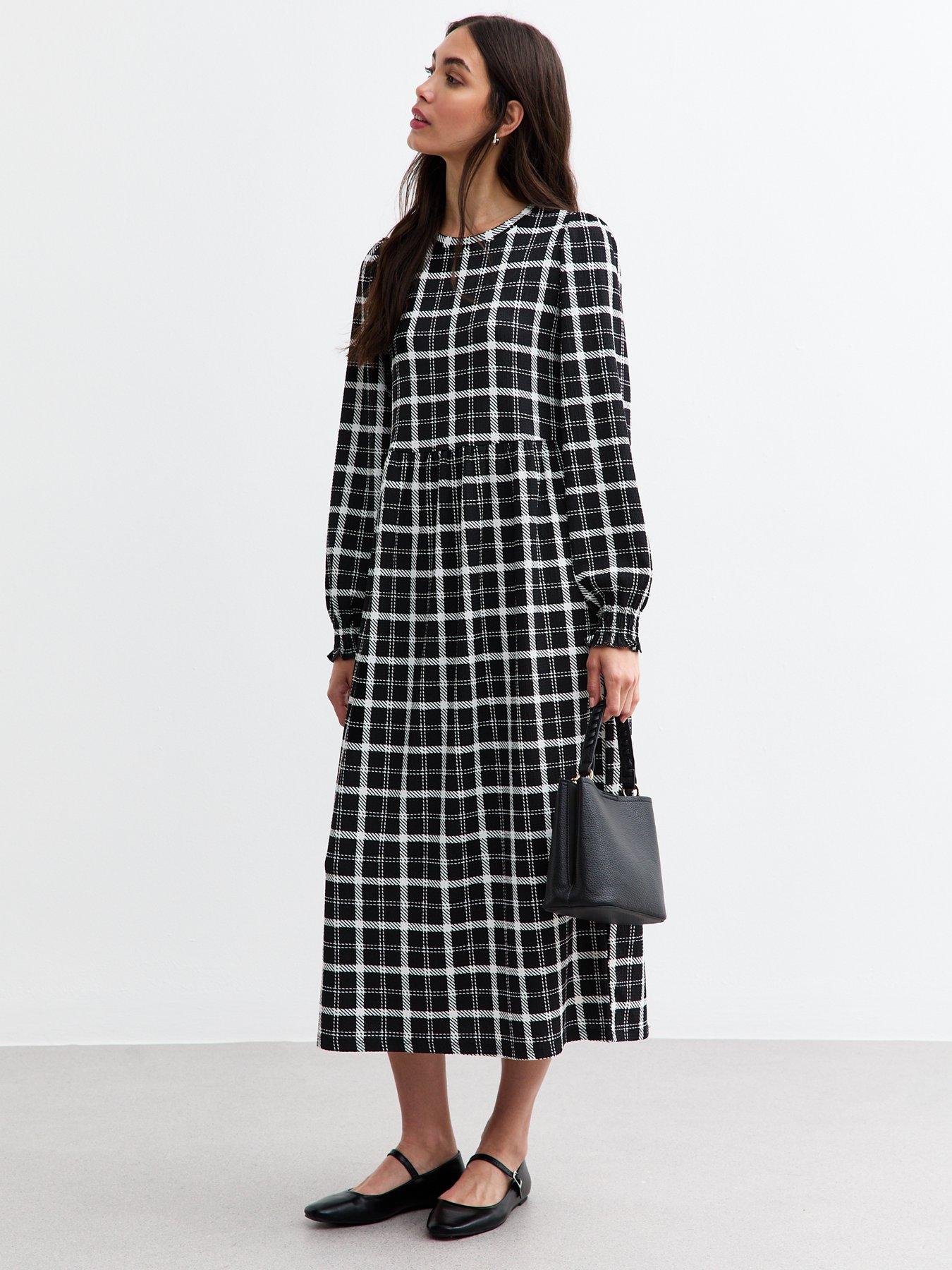 New Look Checked Crinkled Long Sleeve Midi Smock Dress - Black | Very.co.uk