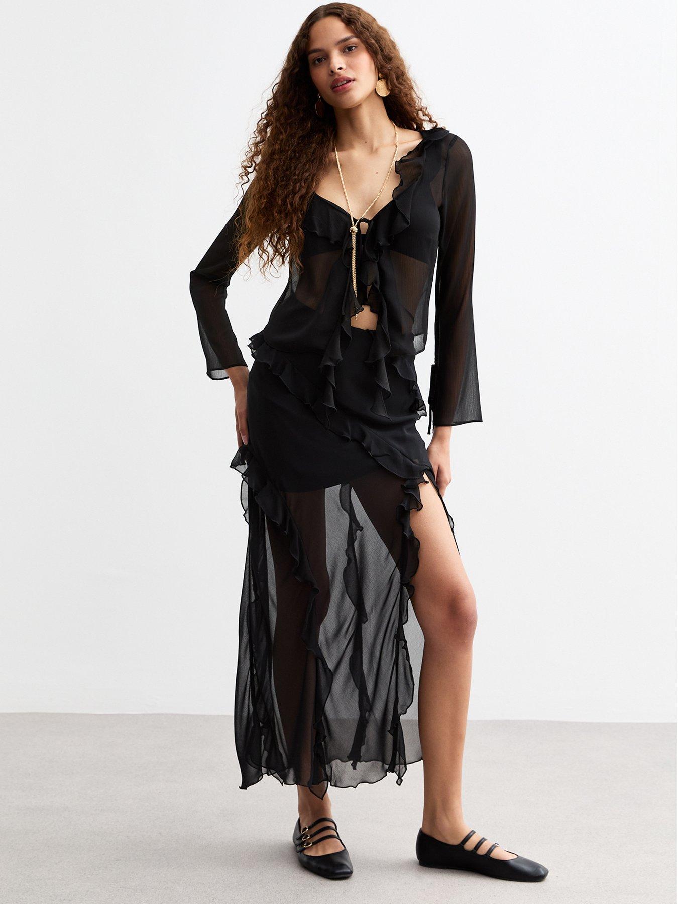 New Look Sheer Chiffon Ruffle Trim Maxi Skirt - Black