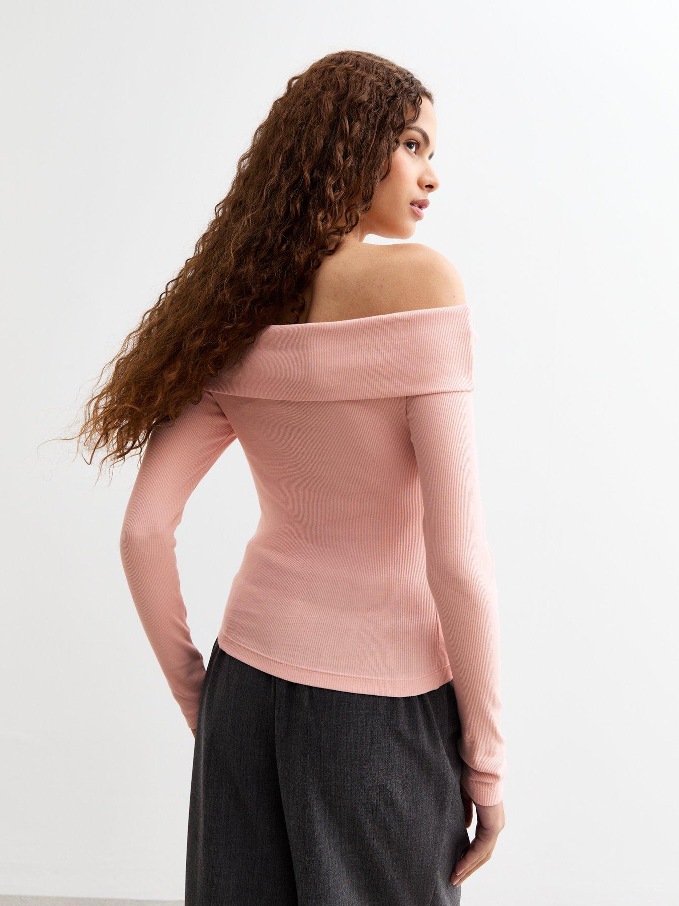 Image 2 of 4 of New Look Ribbed Foldover Bardot Top - Pink