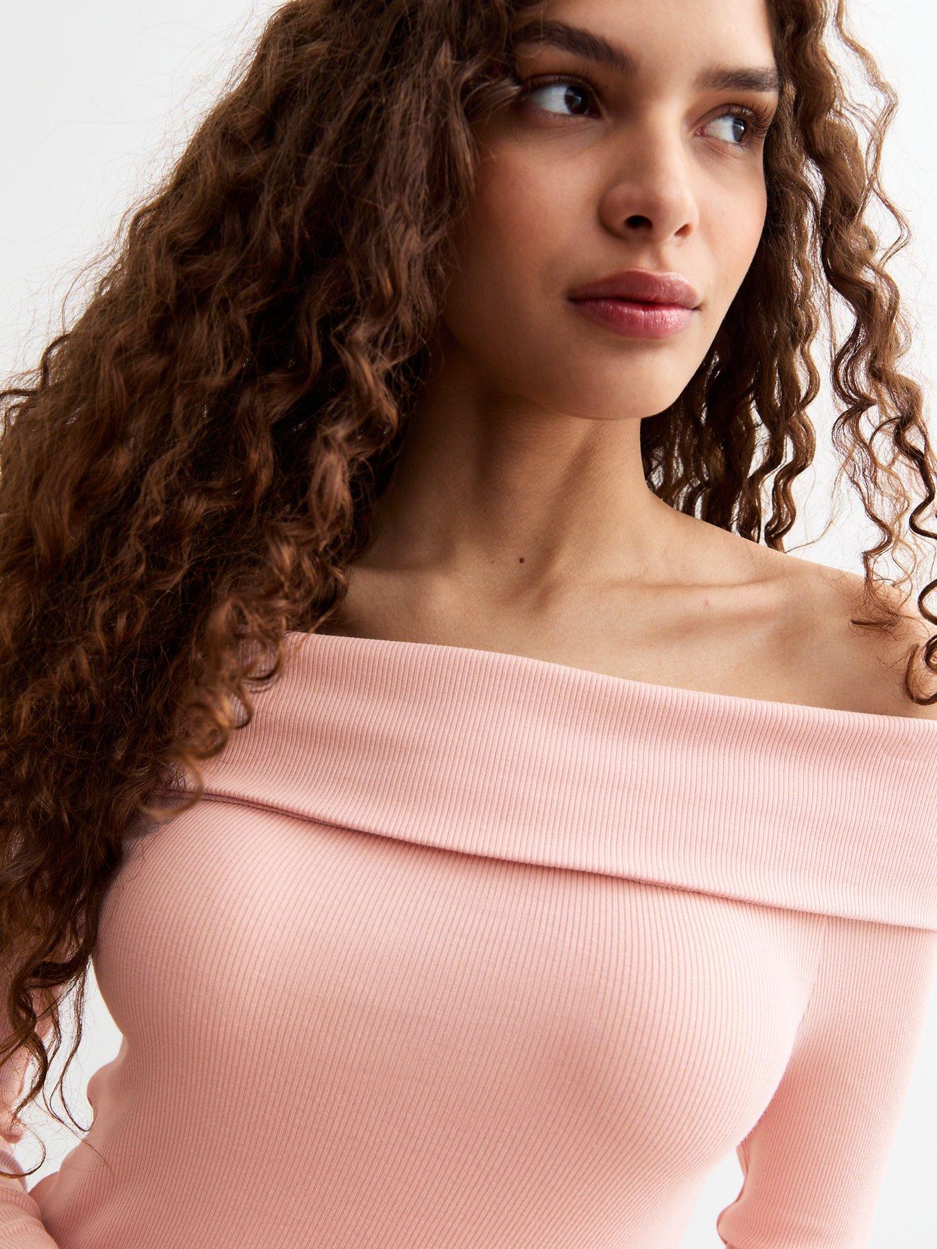 Image 4 of 4 of New Look Ribbed Foldover Bardot Top - Pink