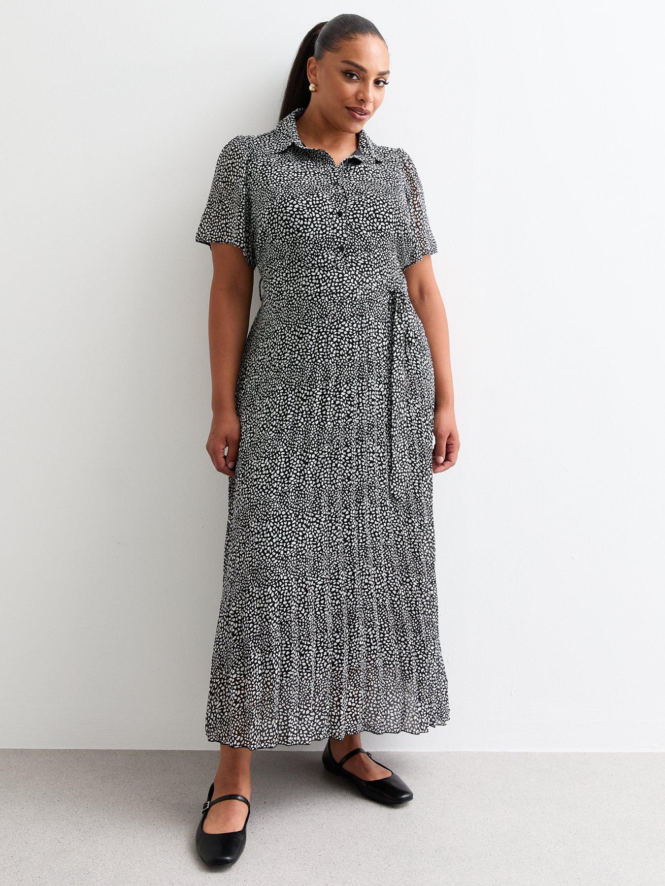 New Look Curves Black Abstract Print Pleated Chiffon Midi Dress, Print, Size 22, Women
