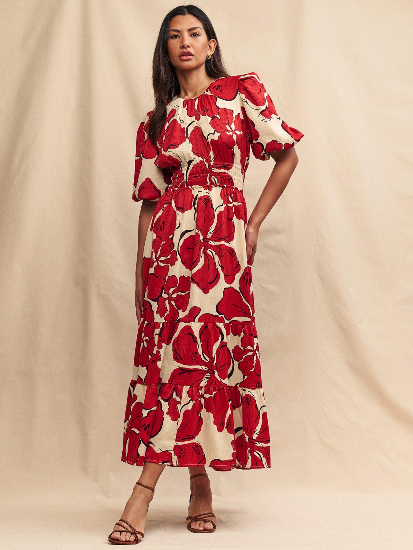 undefined Zelda Printed Short Sleeve Midi Dress - Red