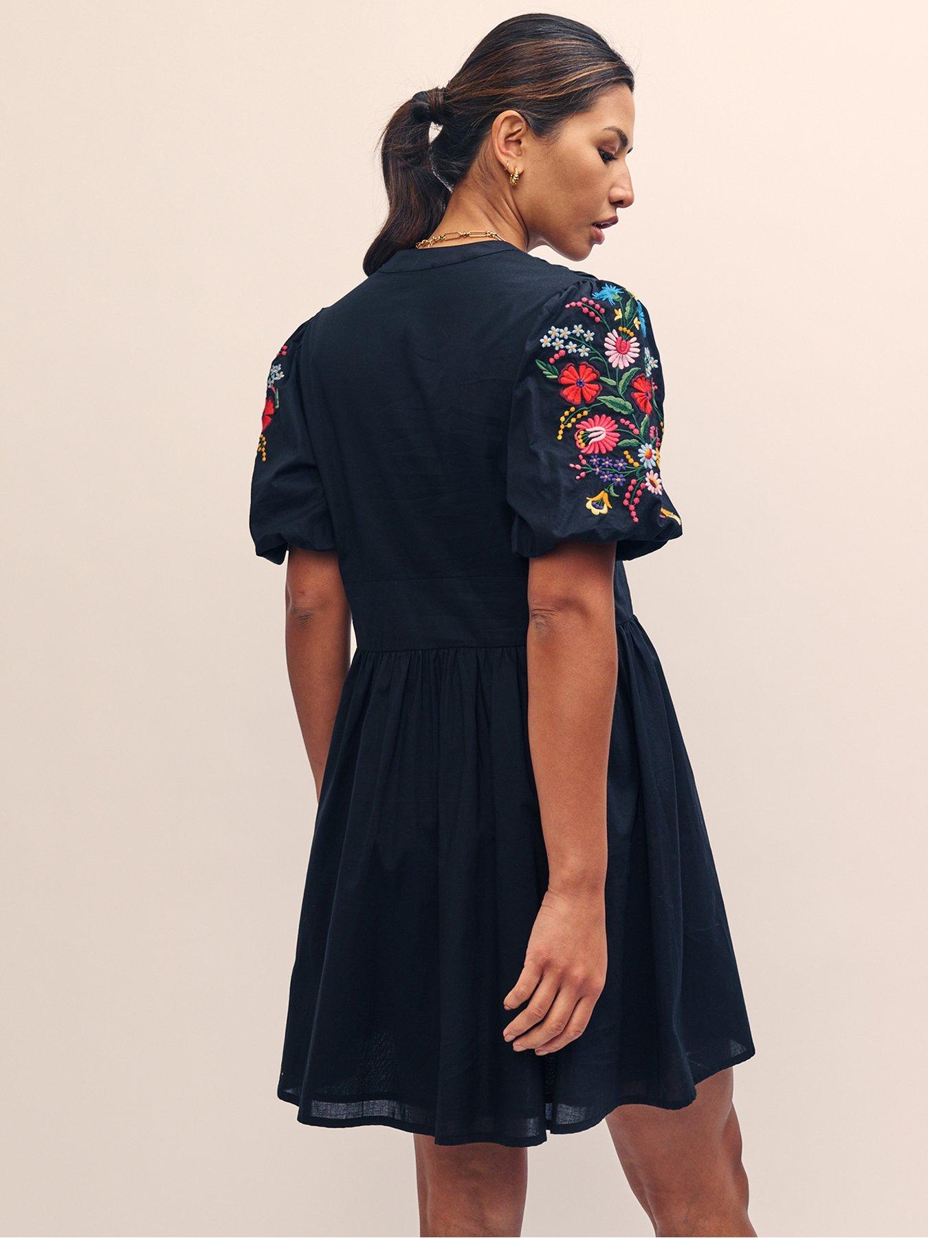 Embroidered Short Sleeve Mini Dress Black