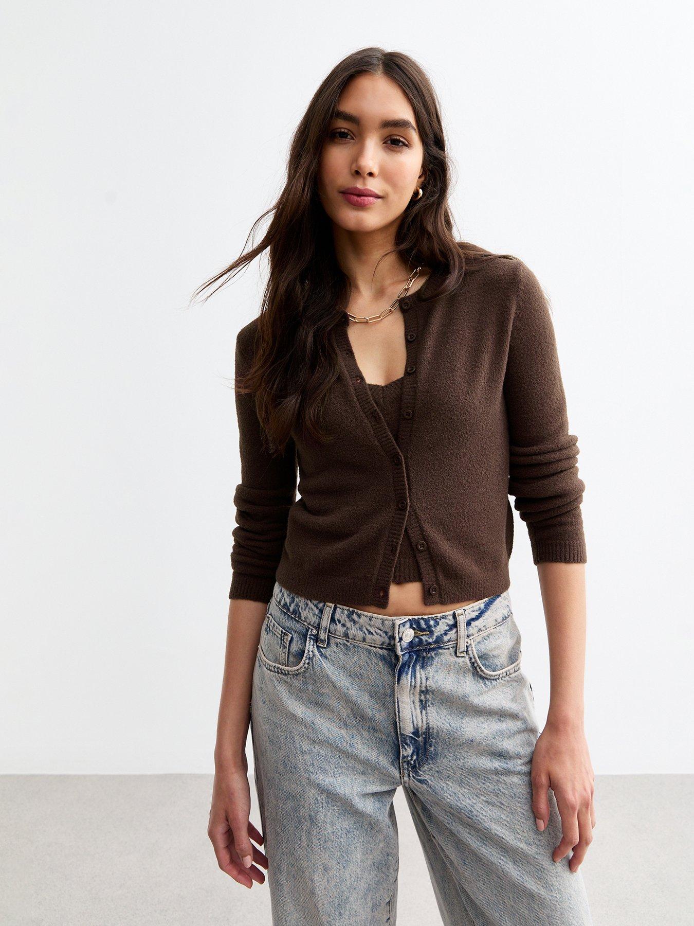 undefined Crew Neck Fluffy Knit Cardigan - Brown