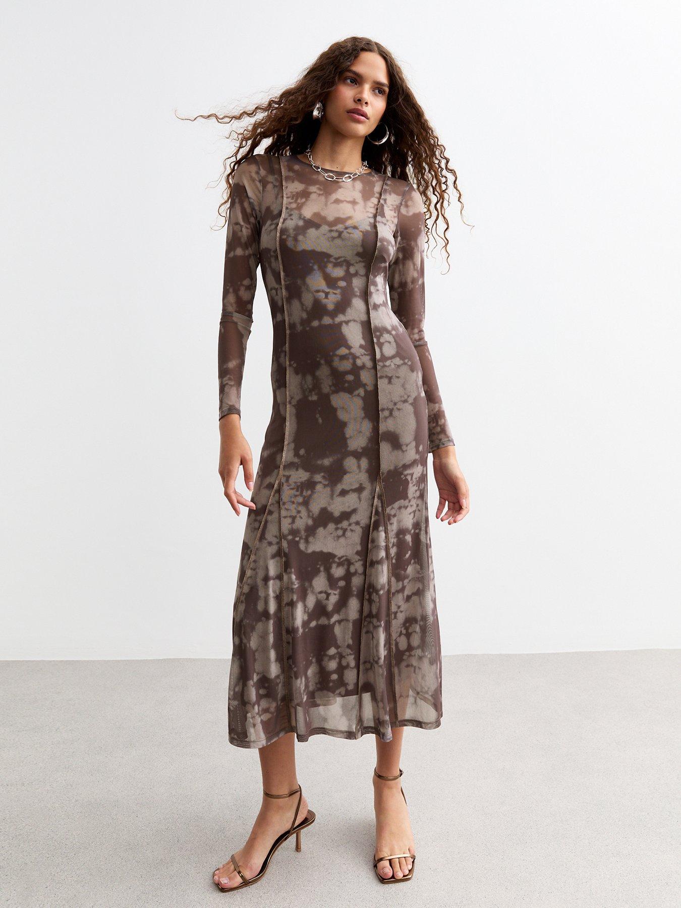 New Look Tall Abstract Print Mesh Godet Midi Dress Brown Very