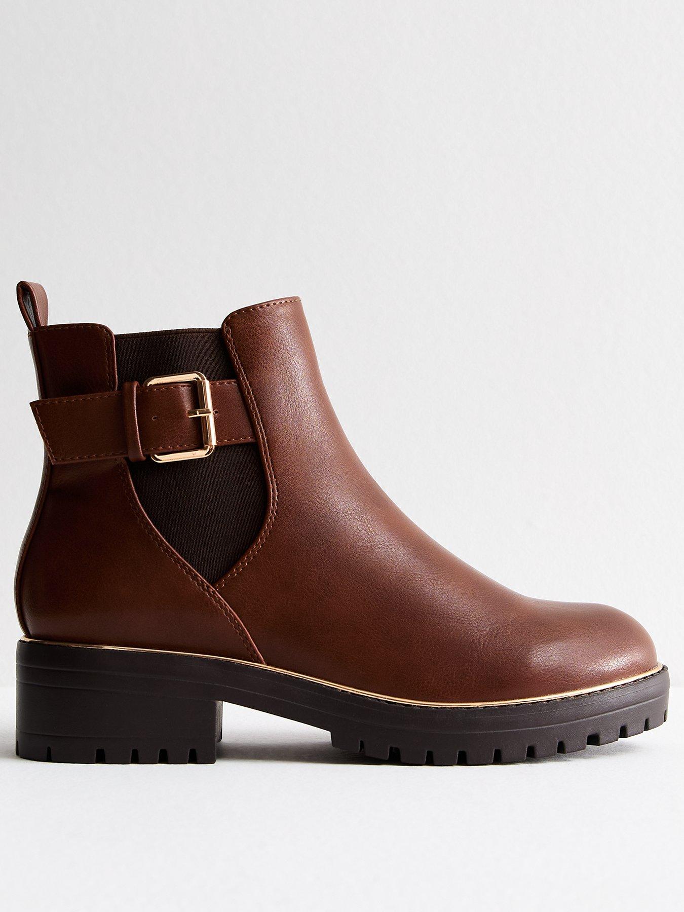 Tan Buckled Chunky Ankle Boots Brown