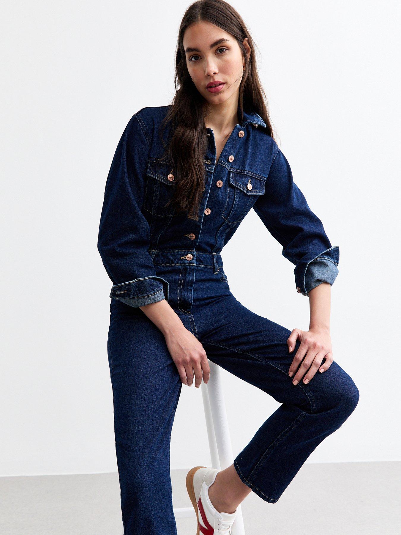 New Look Buttoned Denim Jumpsuit Dark Blue