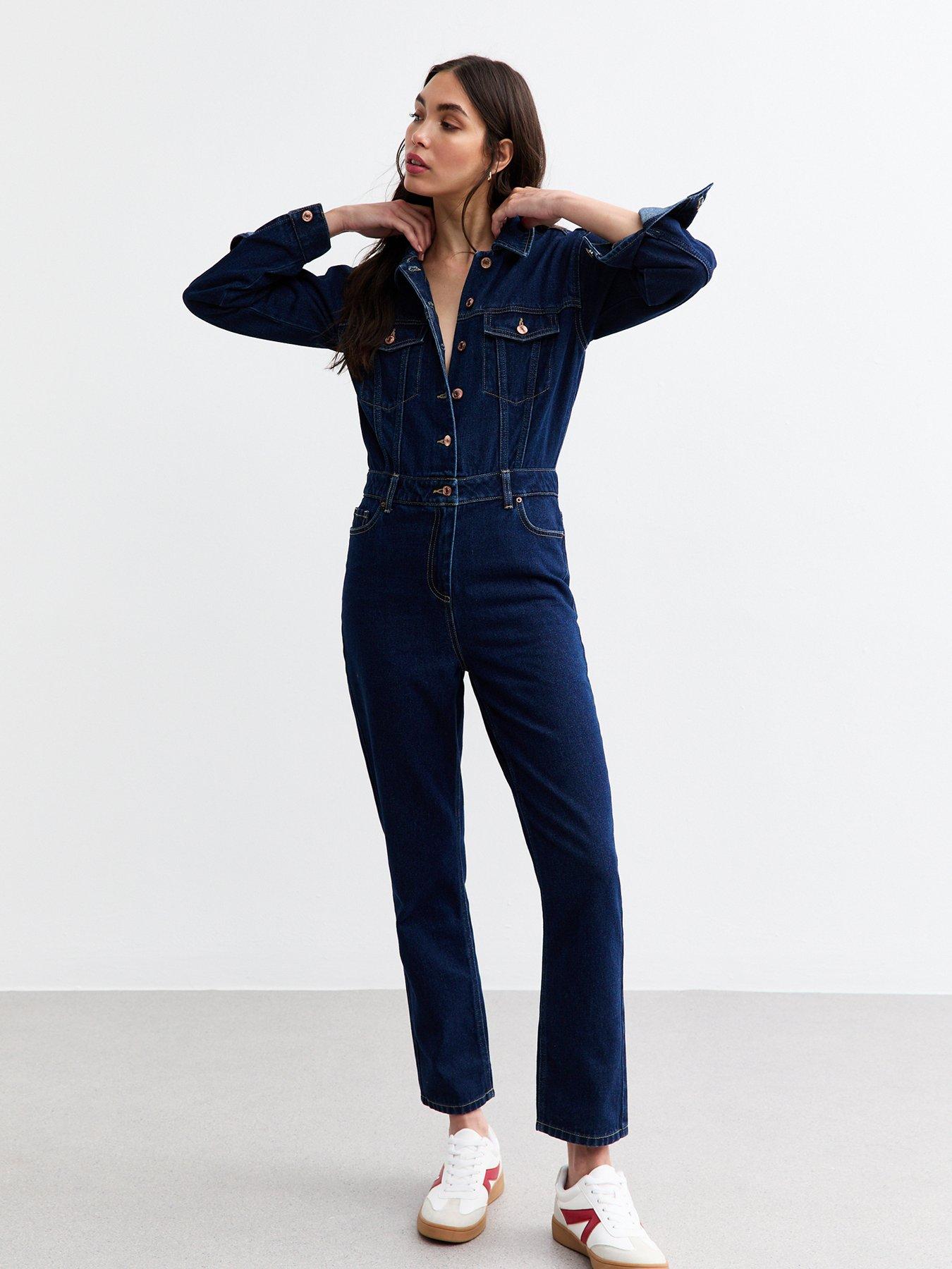New Look Buttoned Denim Jumpsuit Dark Blue Very