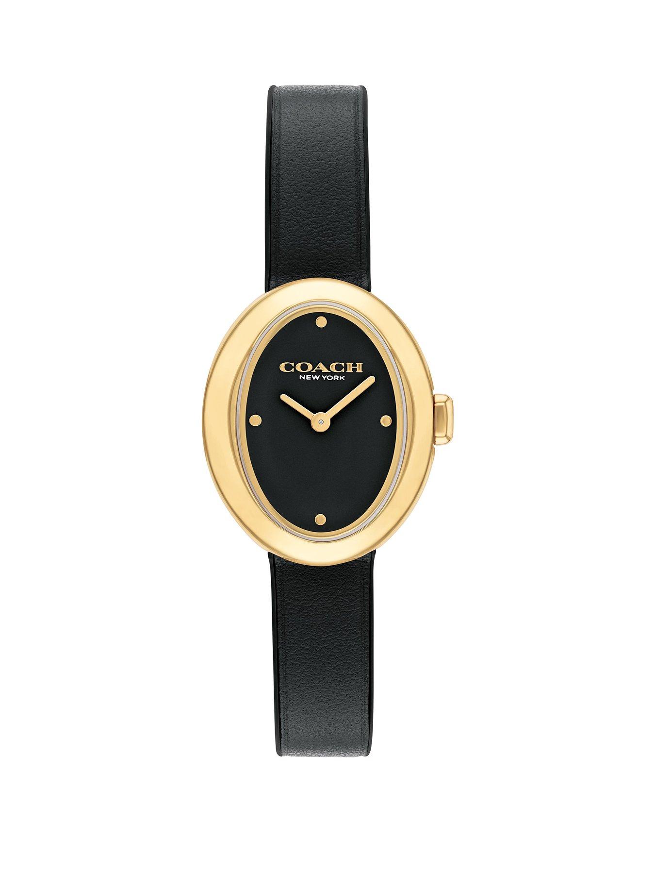 Product photograph of Coach Ladies Sammy 22mm Oval Gold Ip Black Leather Watch from very.co.uk