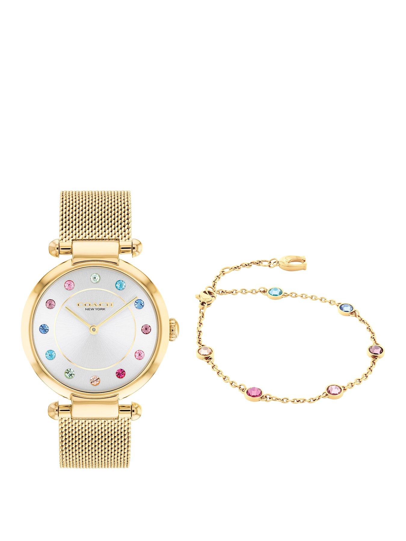 Product photograph of Coach Ladies Cary Gold Ip Rainbow Crystal Mesh Watch And Bracelet Gift Set from very.co.uk