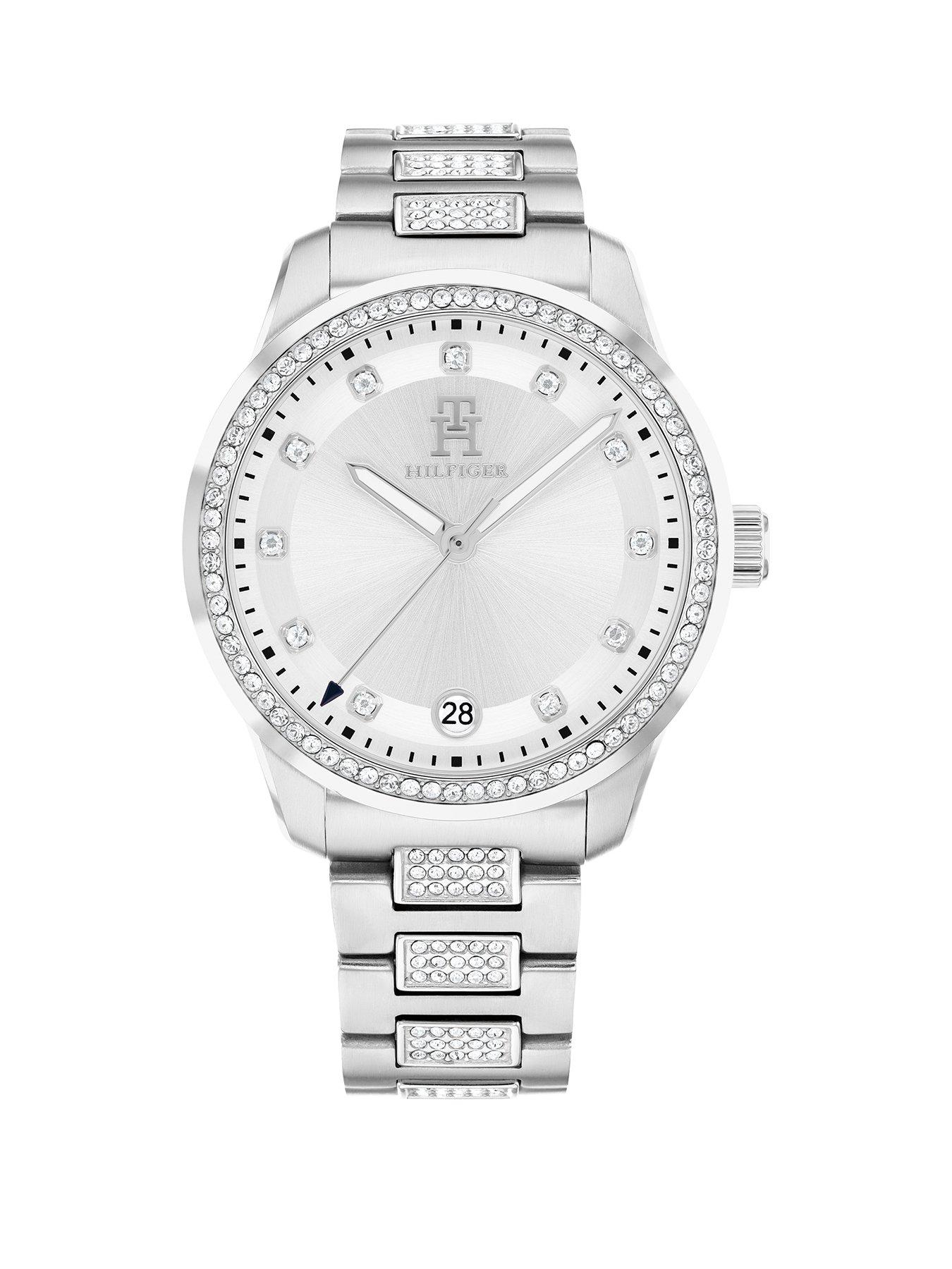 undefined womens stainless steel watch with a crystal bezel finish