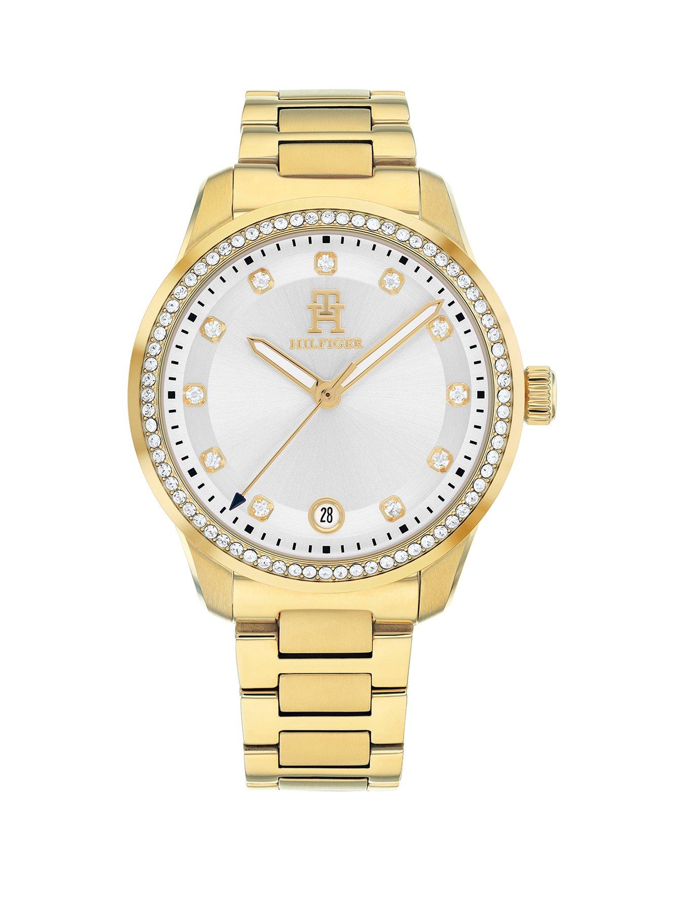 Product photograph of Tommy Hilfiger Womens Gold Plated Watch With A Crystal Bezel Finish from very.co.uk