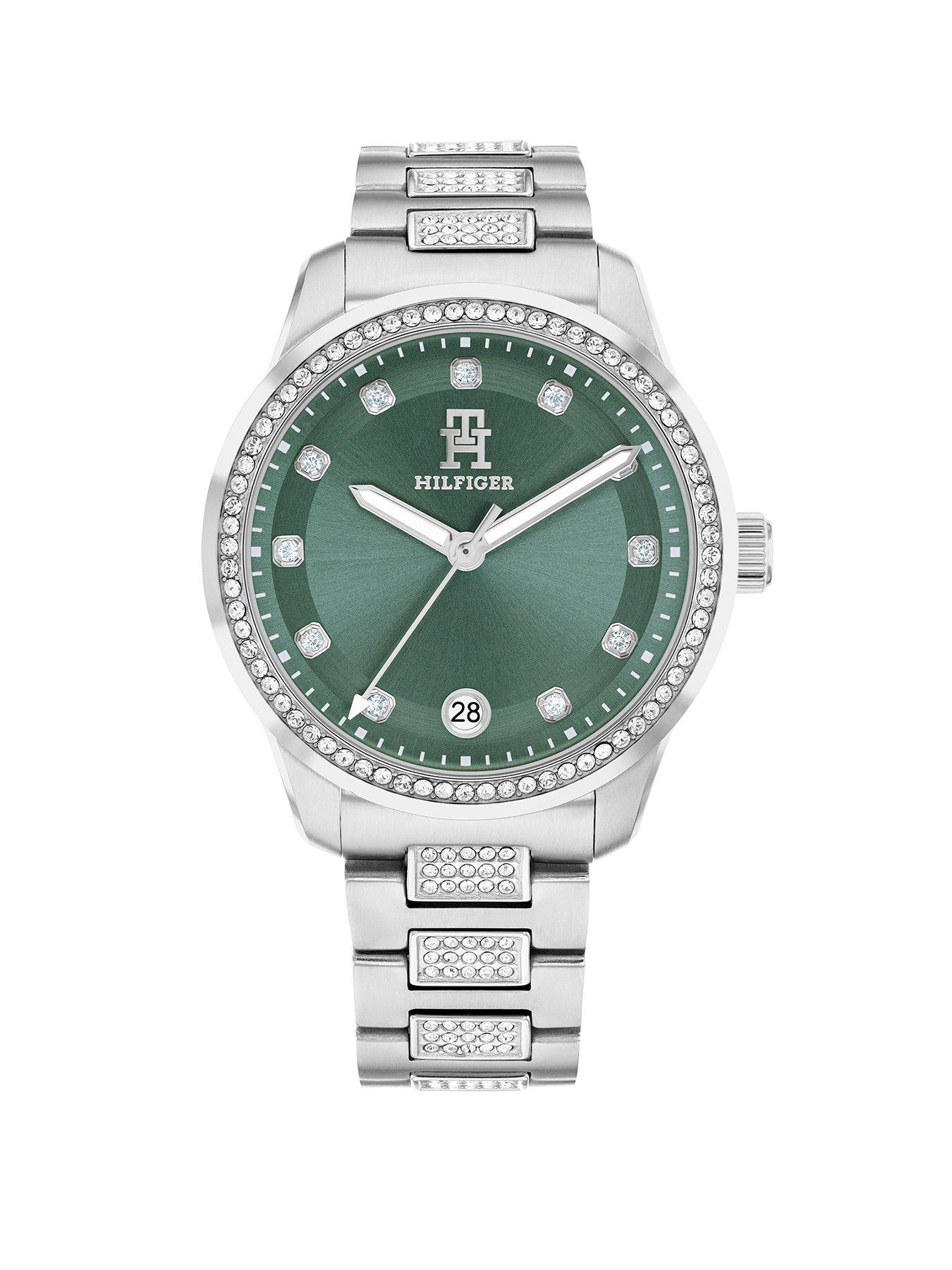 undefined womens stainless steel watch with a crystal bezel finish
