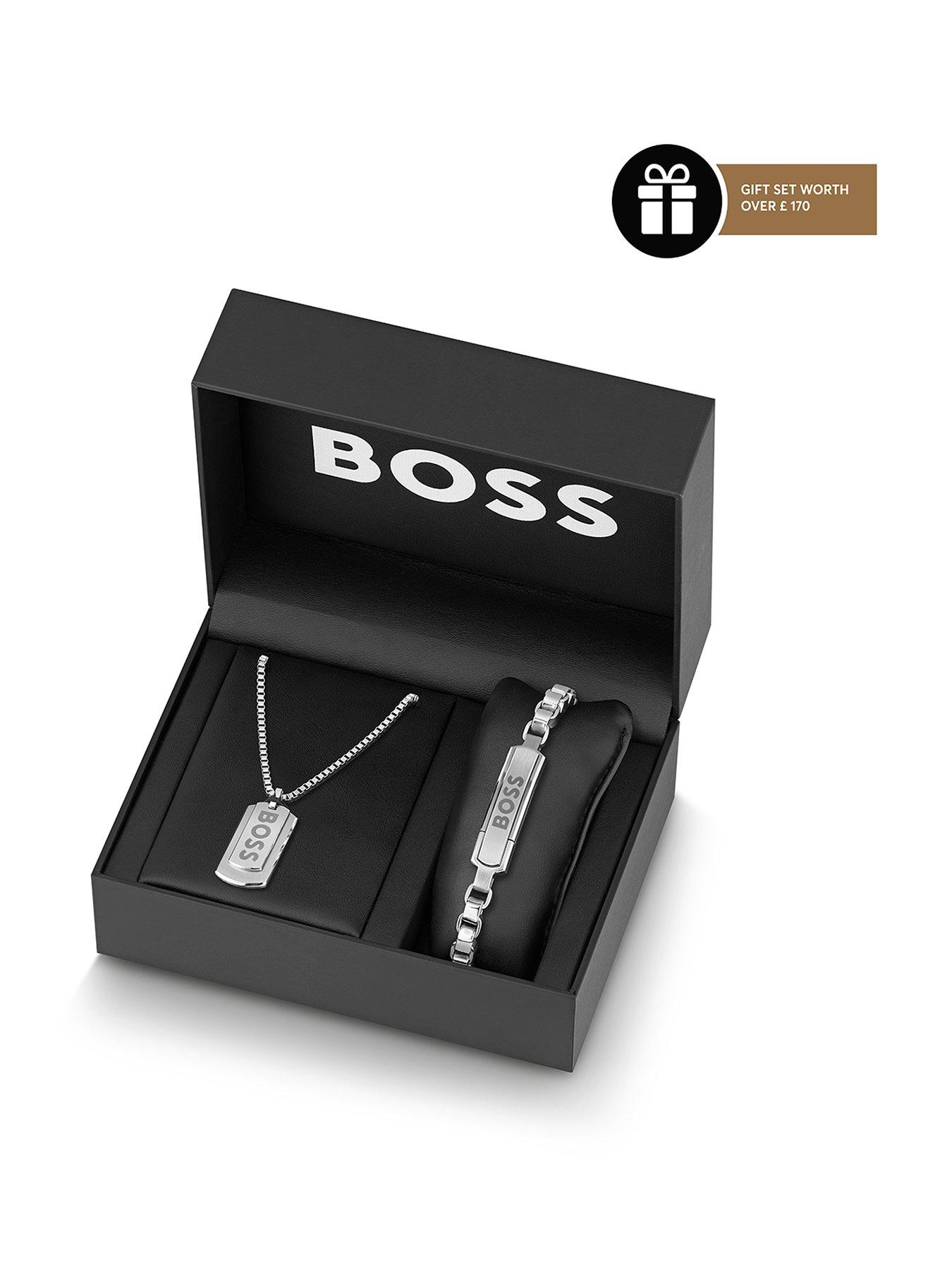 HUGO Gents BOSS Devon Necklace and Bracelet Gift Set, Silver, Men