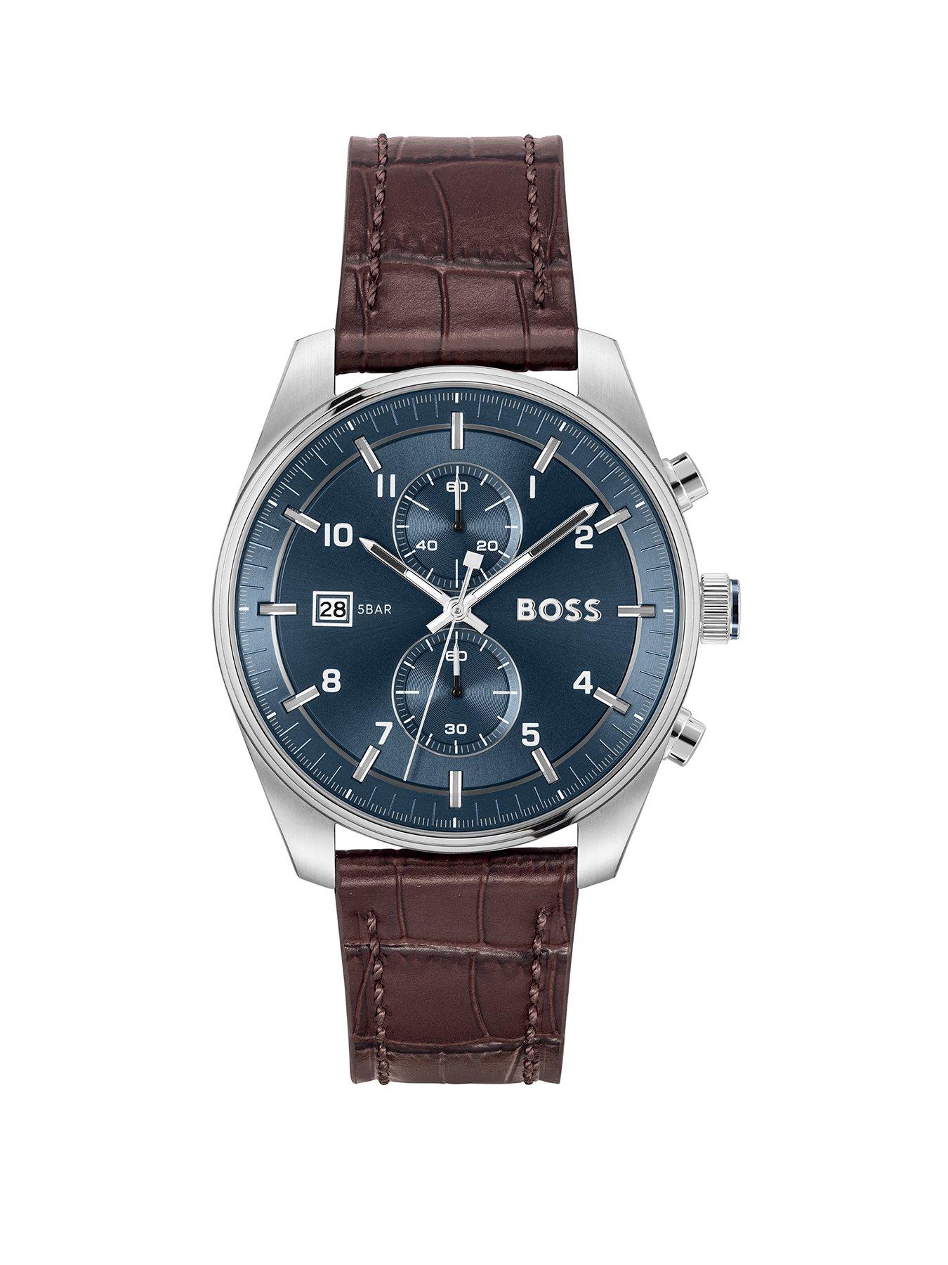 Product photograph of Boss Gents Skytraveller Chronograph Watch With Brown Leather Strap from very.co.uk