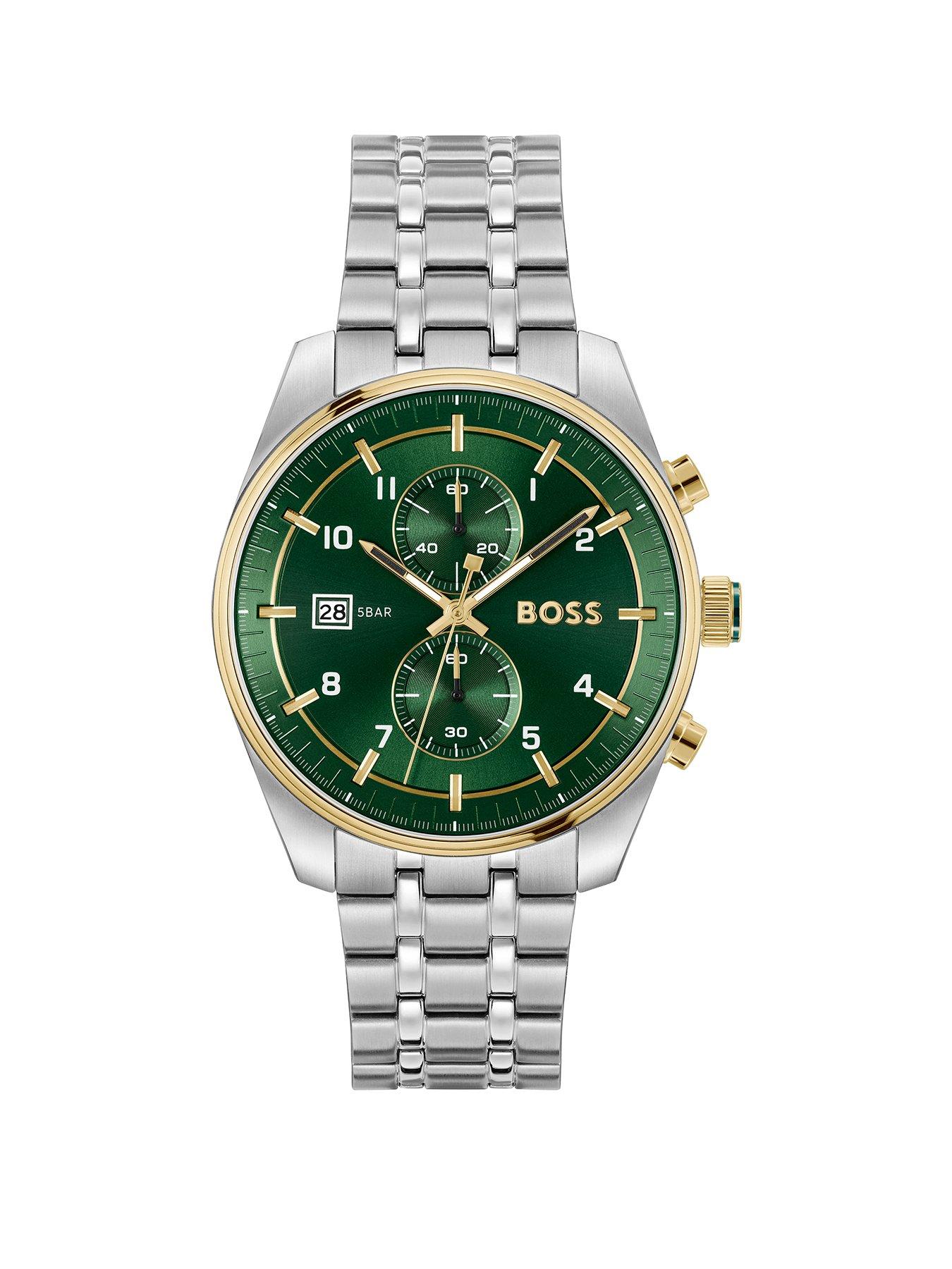 Product photograph of Boss Gents Skytraveller Chronograph Watch With Dark Green Dial from very.co.uk