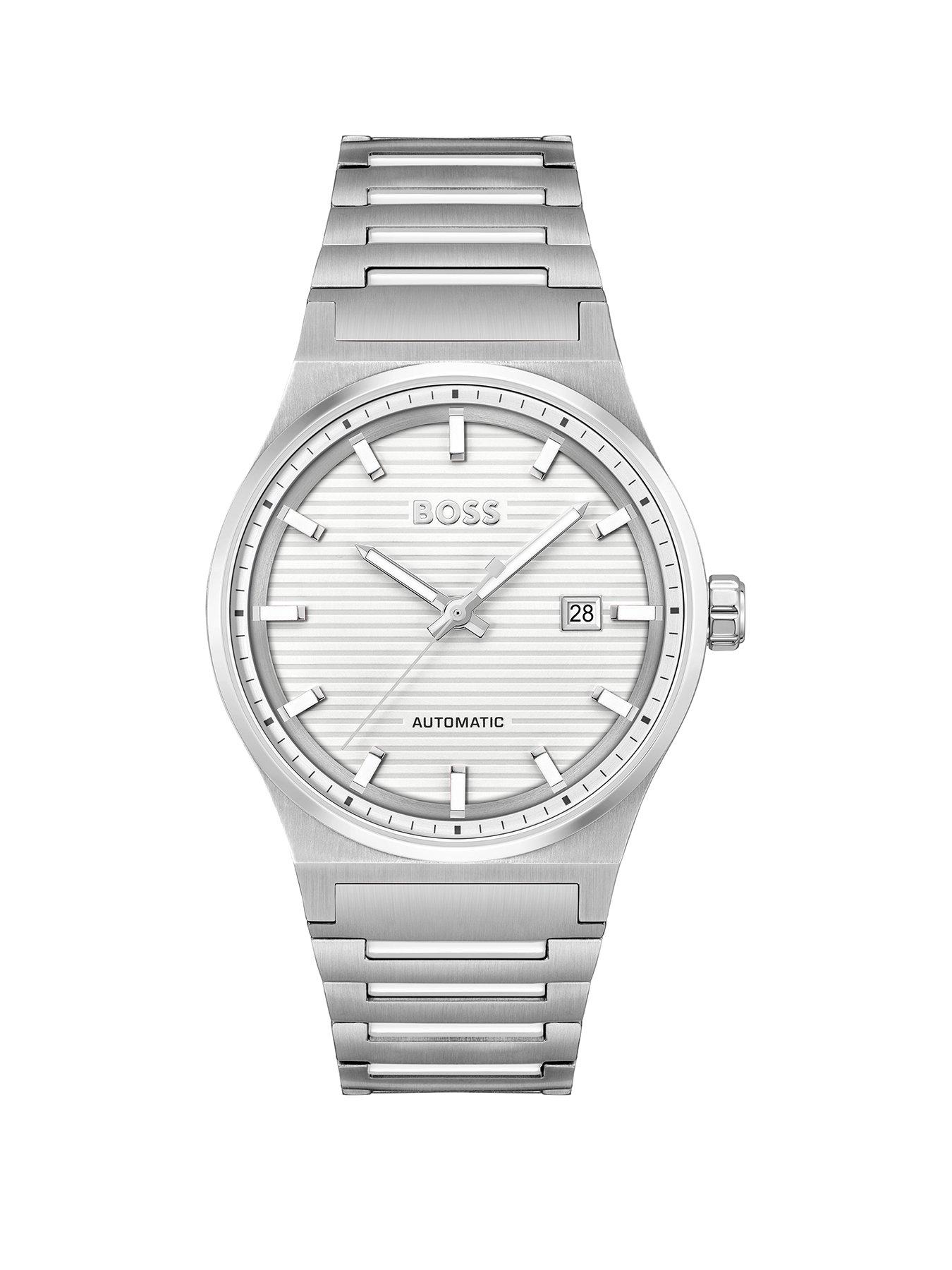 Product photograph of Boss Gents Candor Automatic Stainless Steel Bracelet Watch With Silver White Dial from very.co.uk