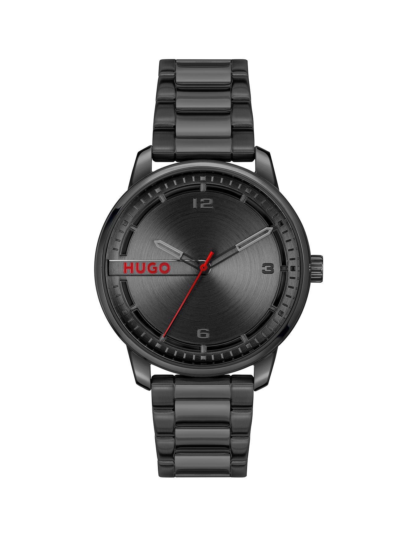 Product photograph of Hugo Gents Stamp Black Ip Bracelet Watch from very.co.uk