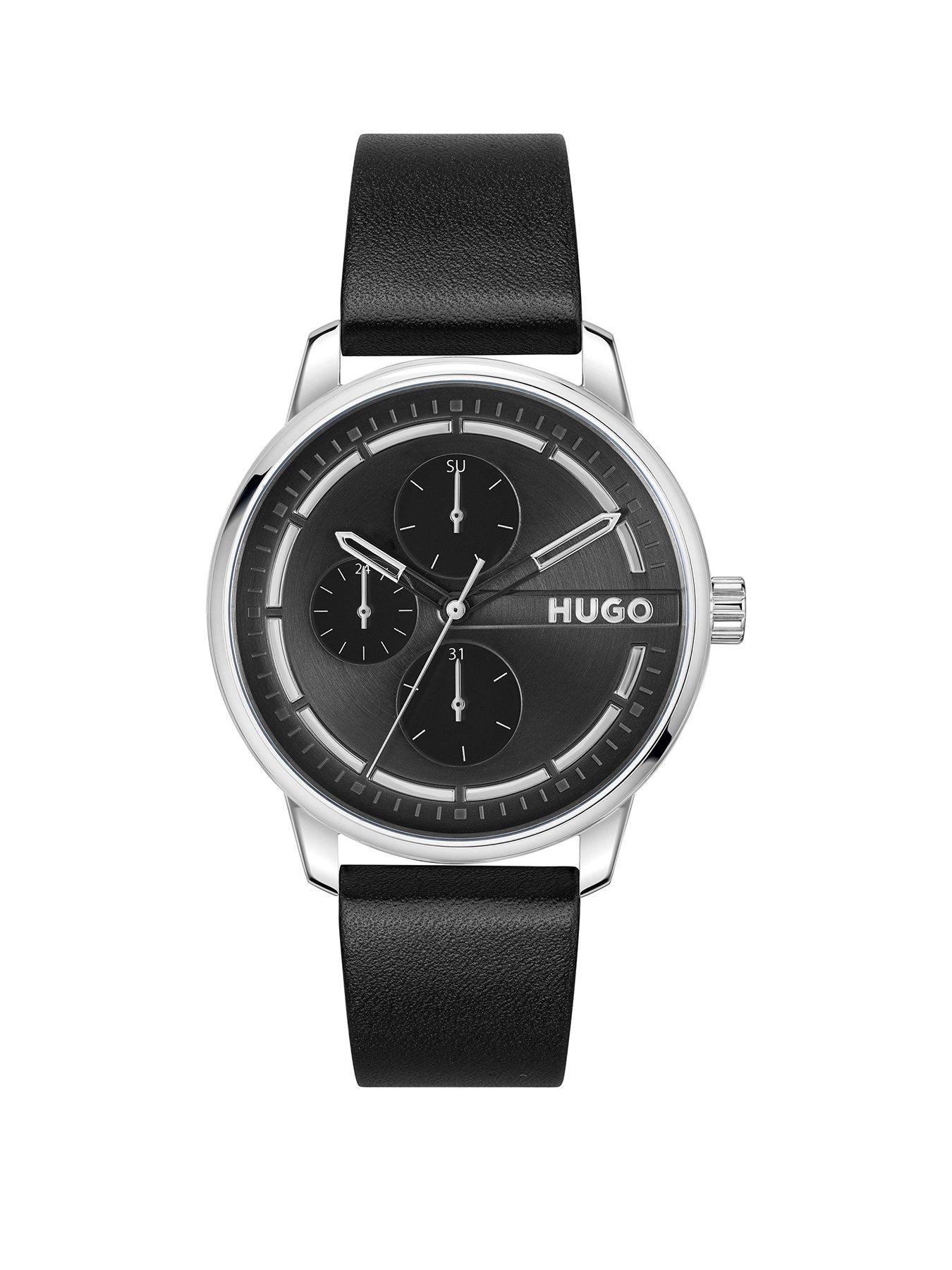 Product photograph of Hugo Gents Stamp Multi Black Leather Strap Watch from very.co.uk